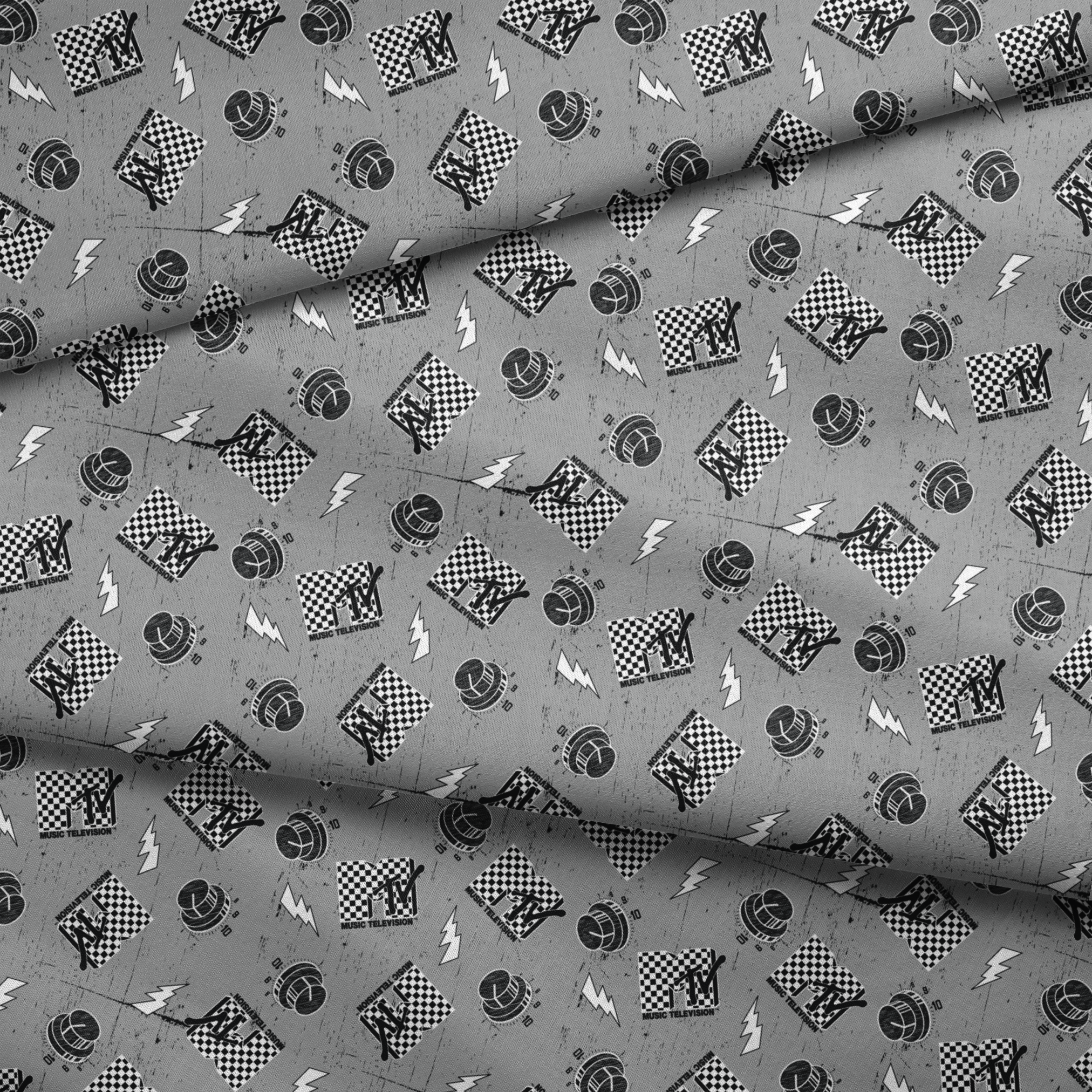 Motorsport pattern with checkered racing flags, lightning bolts, and helmets on gray background fabric fold mockup