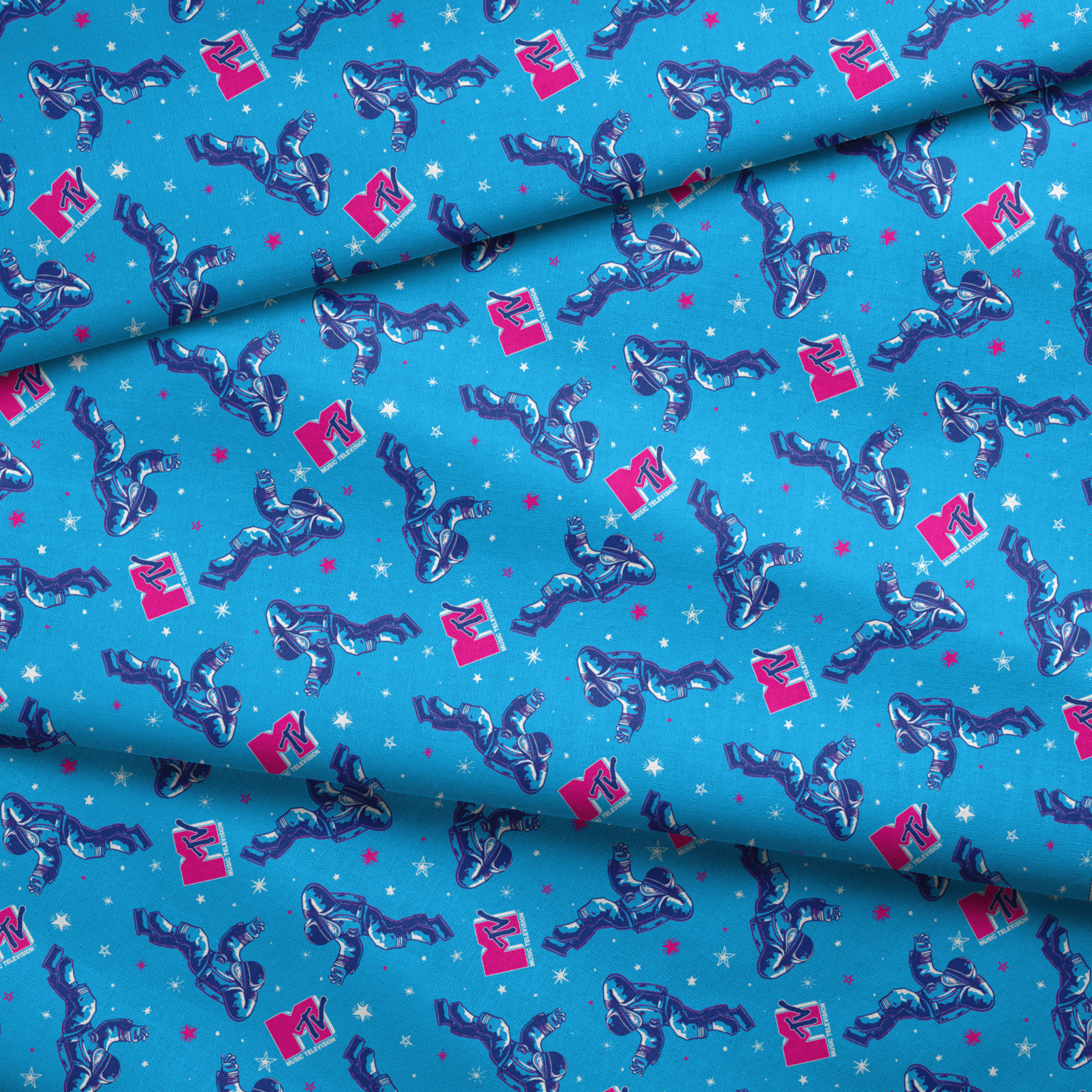 Seamless blue background pattern with metallic blue boot shapes and hot pink gift boxes among white stars fabric fold mockup