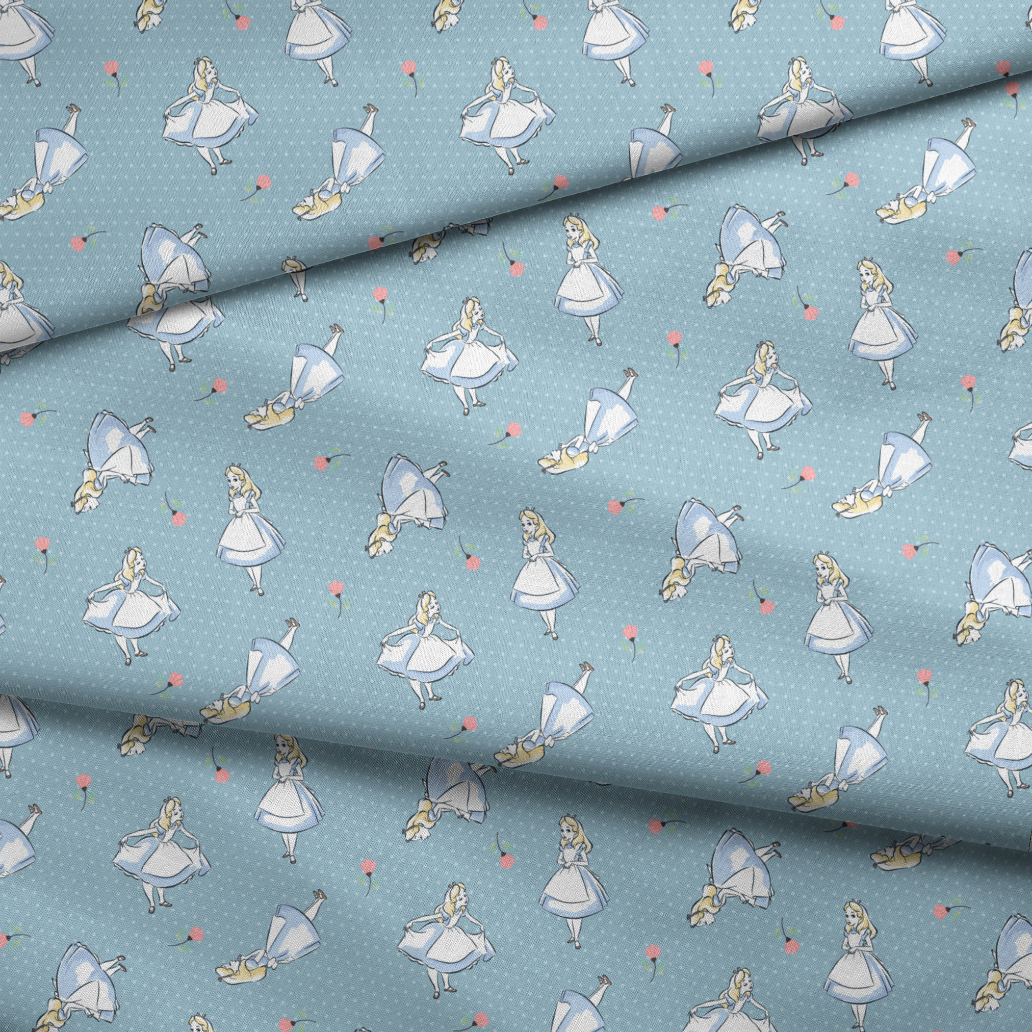 Blue polka dot pattern with illustrated characters in blue dresses and small pink flowers scattered throughout. fabric fold mockup