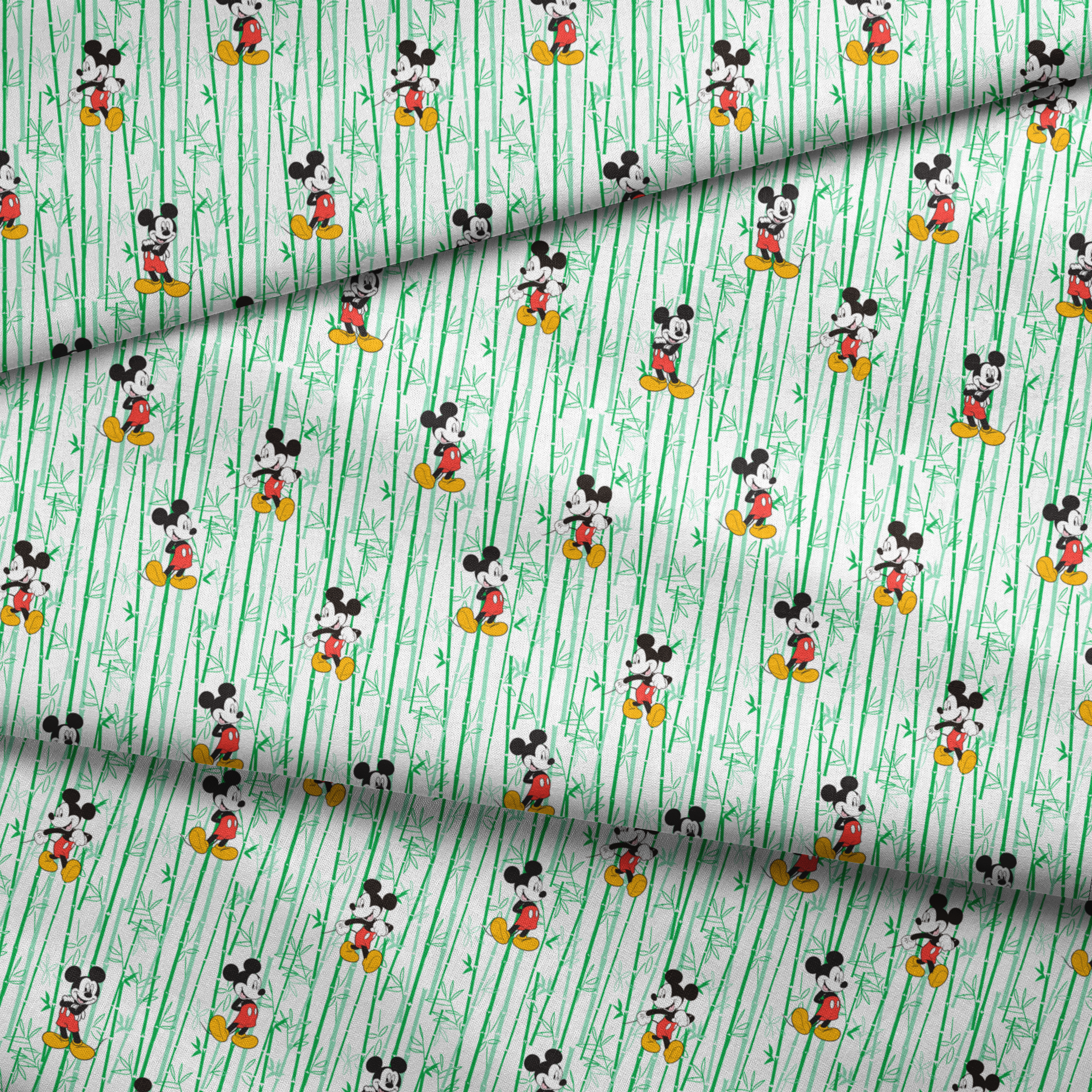 Cartoon mouse character pattern on white background with green vertical stripes fabric fold mockup