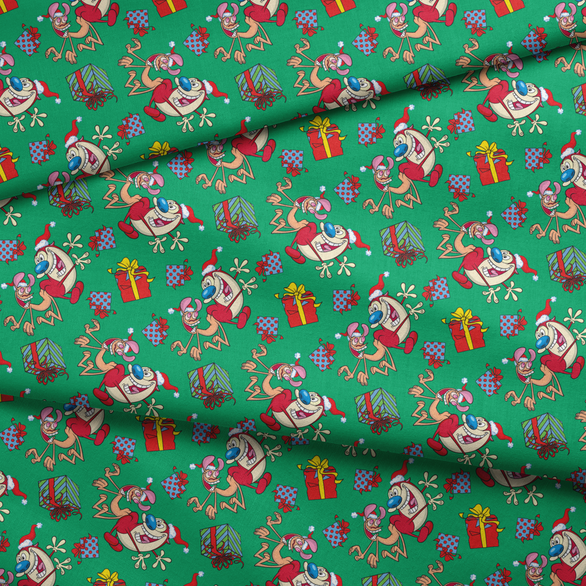 Whimsical cartoon Christmas pattern with elves, Santa figures, and colorful gifts on green background fabric fold mockup