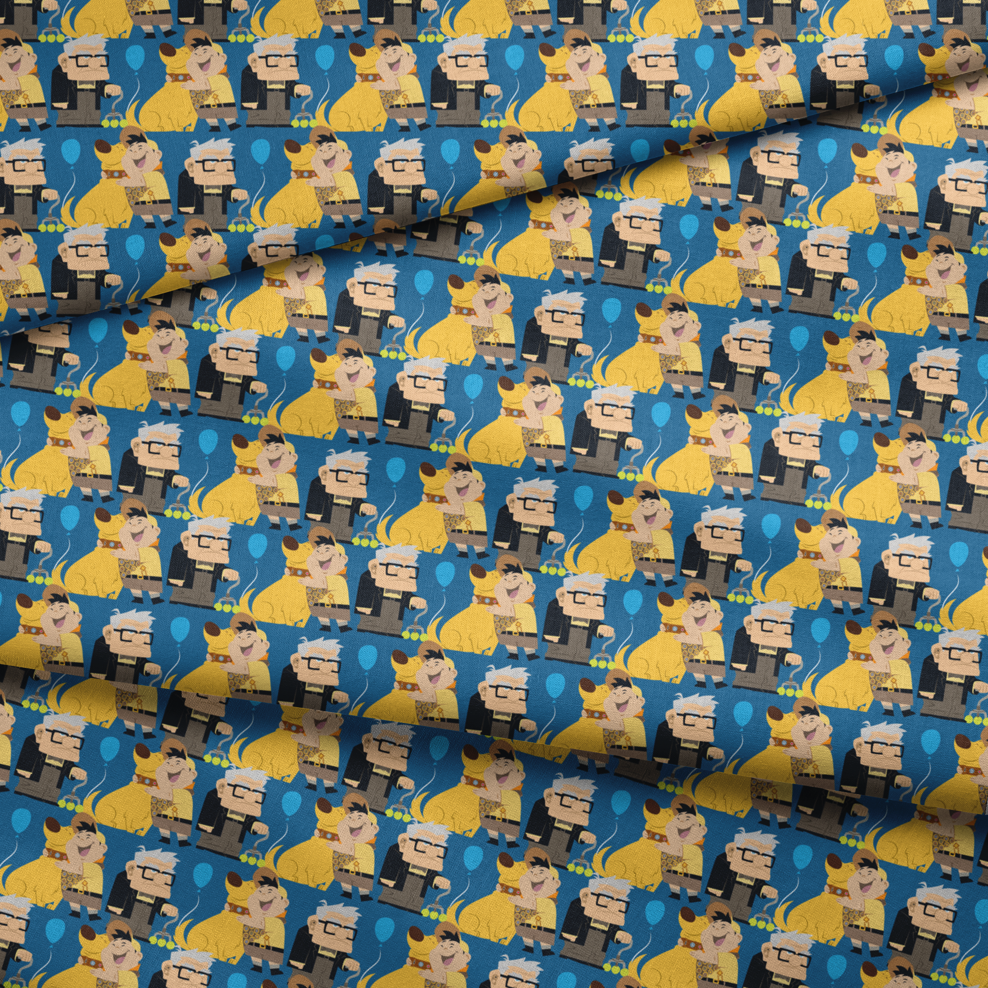 Cartoon pattern featuring characters from Pixar's "Up" with blue balloons, yellow dogs, and scouts fabric fold mockup