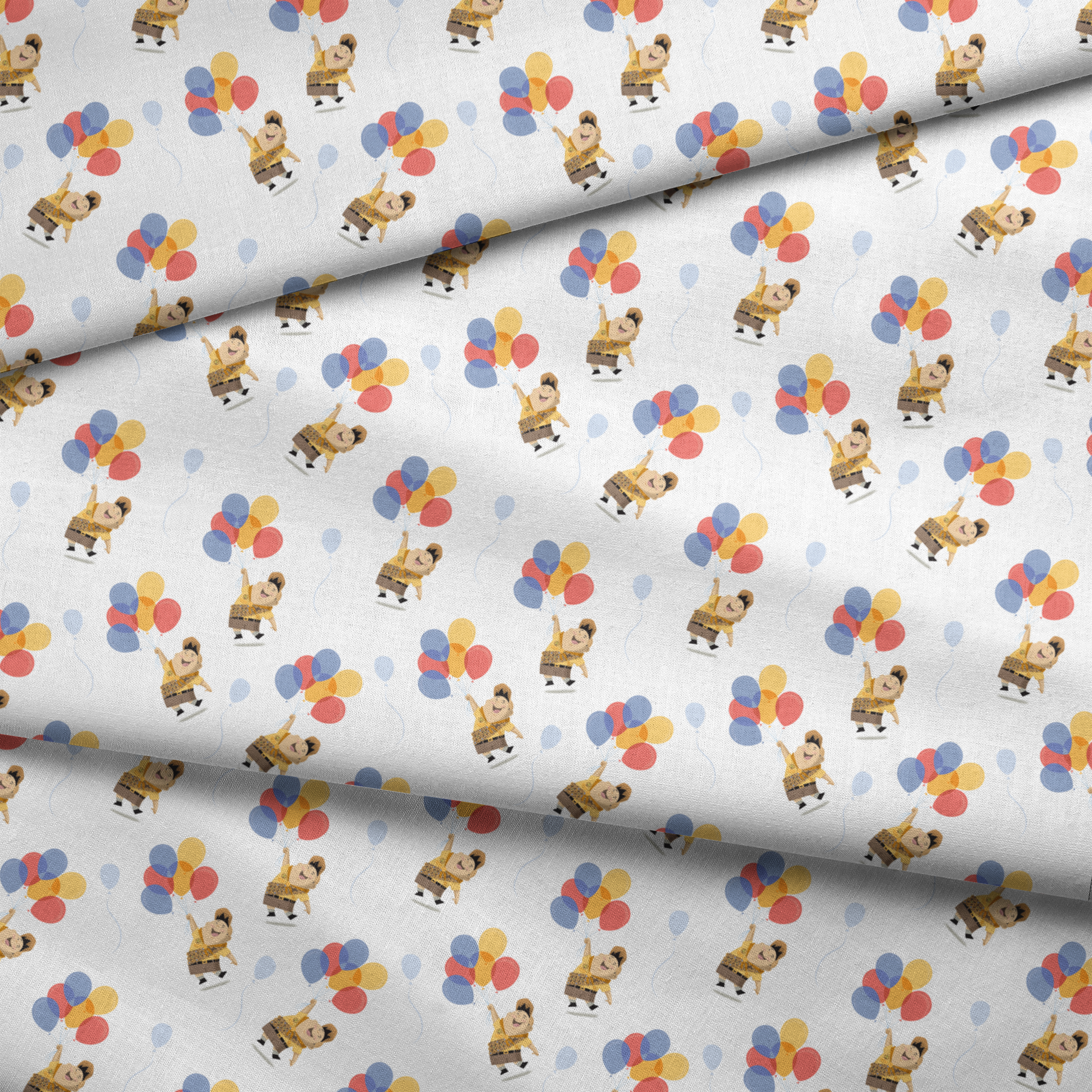 Up's Russell in explorer outfit floating with colorful balloons on white background pattern fabric fold mockup