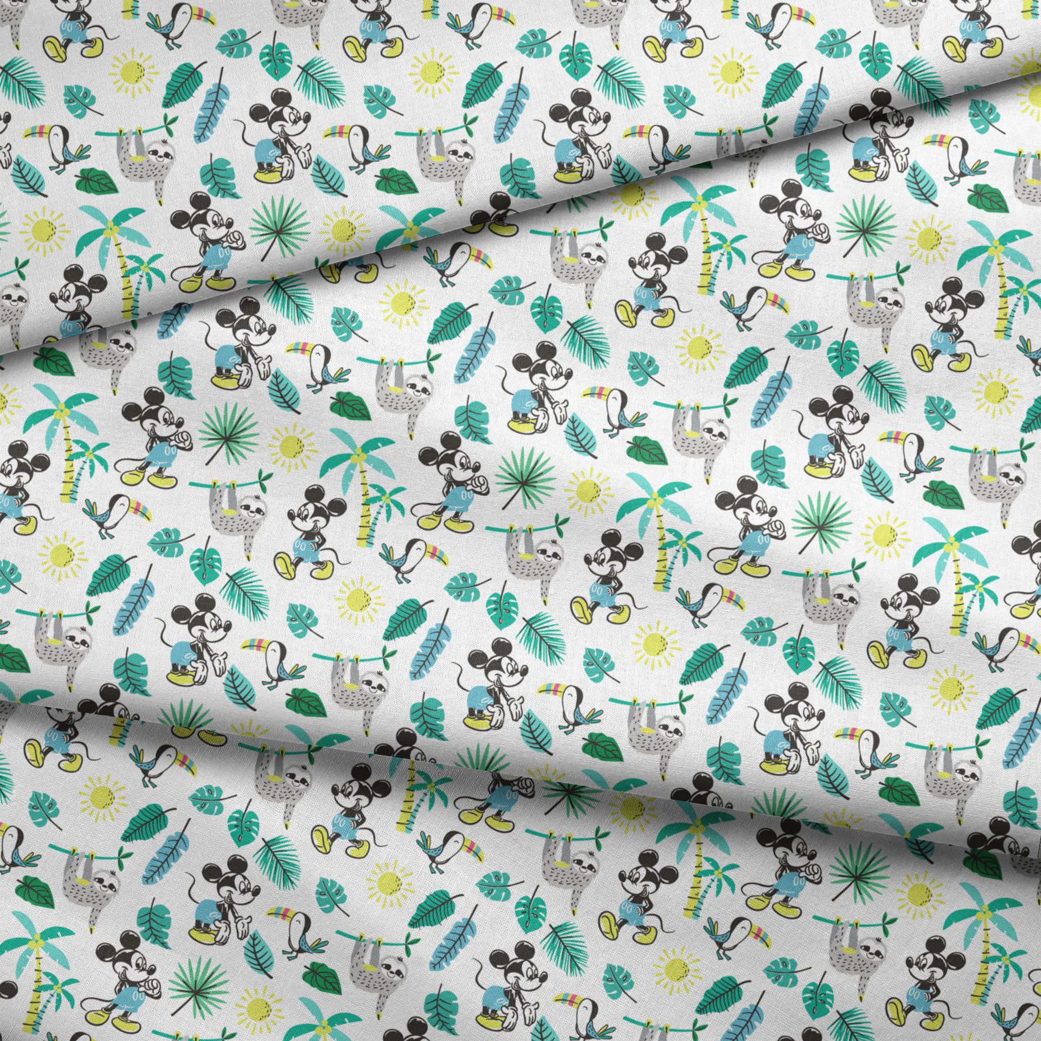 Tropical pattern with cartoon characters, sloths, toucans, palm leaves, and suns on white background fabric fold mockup