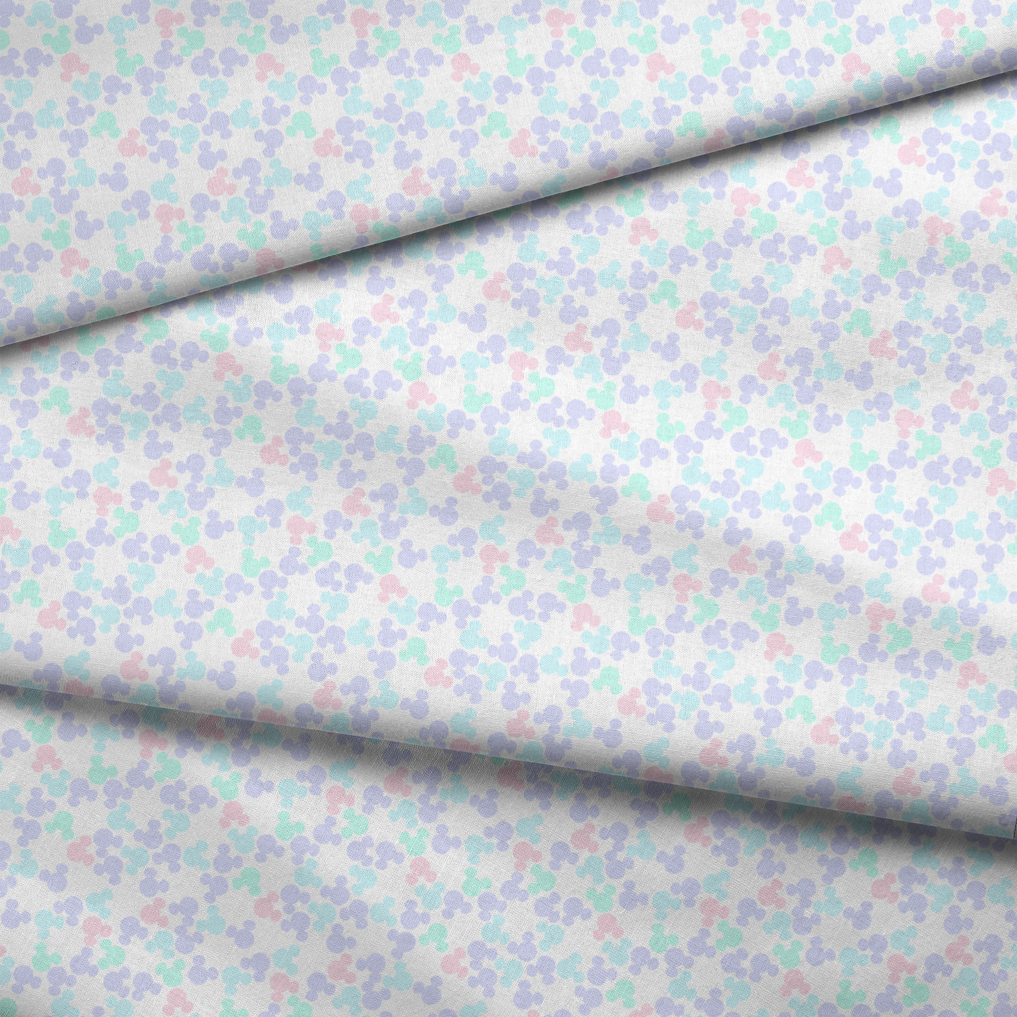 Pastel circular pattern with purple, light blue, green, and pink bubble shapes on white background fabric fold mockup