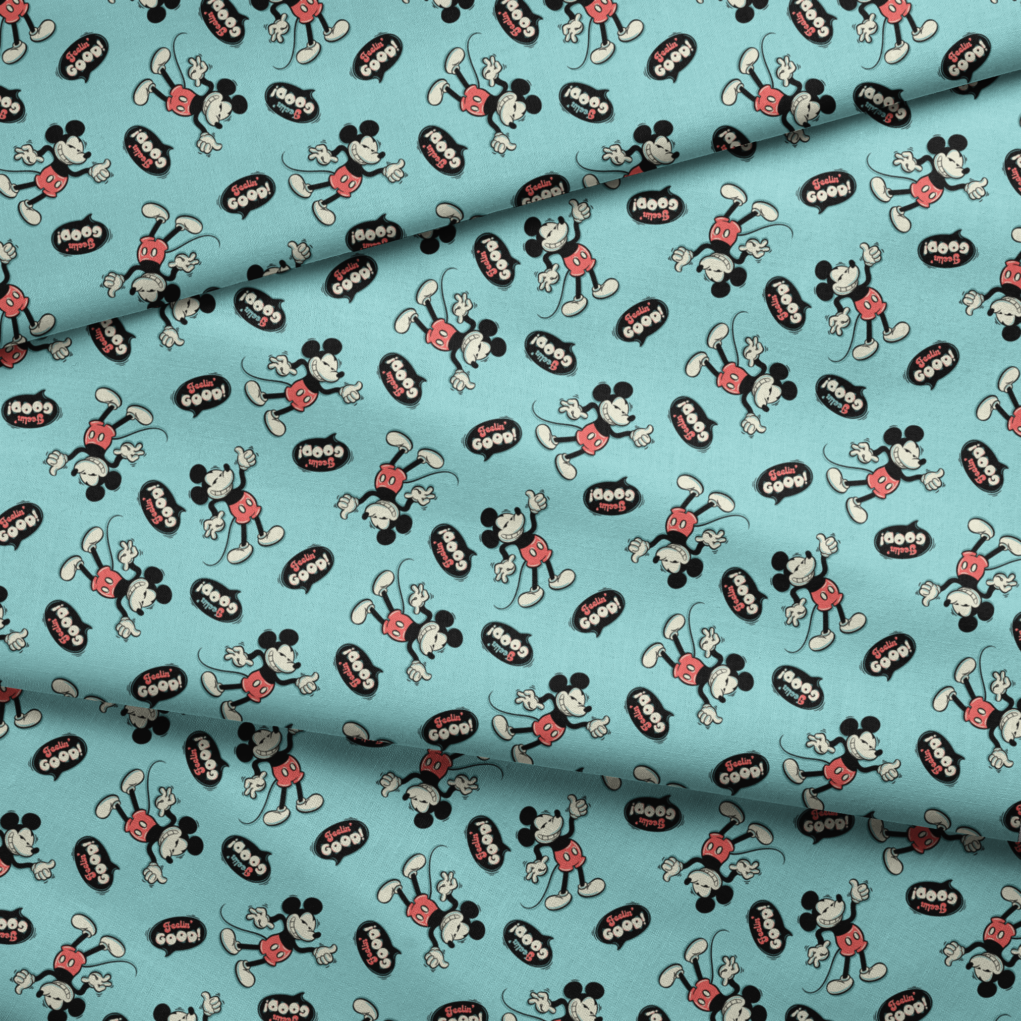 Mickey Mouse pattern on teal background with cartoon characters and "Gosh!" speech bubbles fabric fold mockup