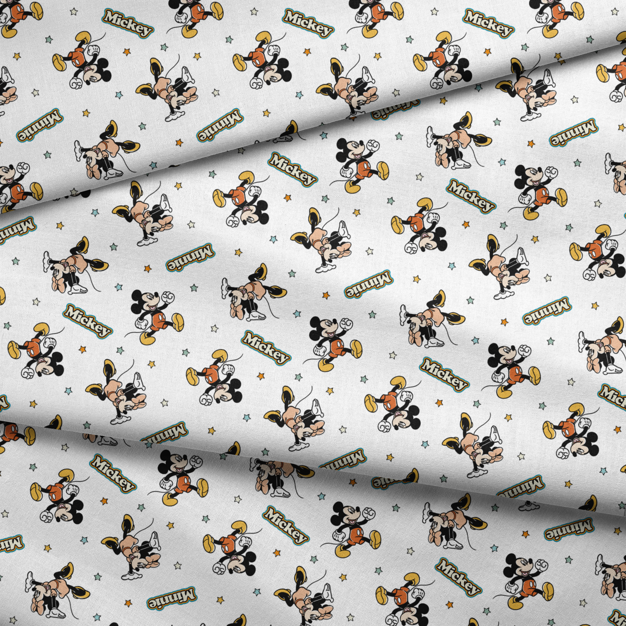 Pattern of cartoon Disney characters including Mickey Mouse and Minnie with yellow stars on white background fabric fold mockup