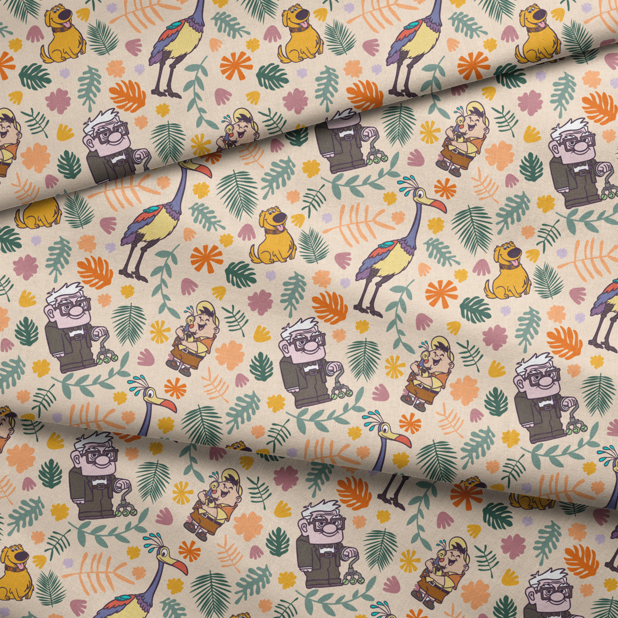 Whimsical cartoon pattern with colorful characters from Pixar's "Up" against floral background fabric fold mockup