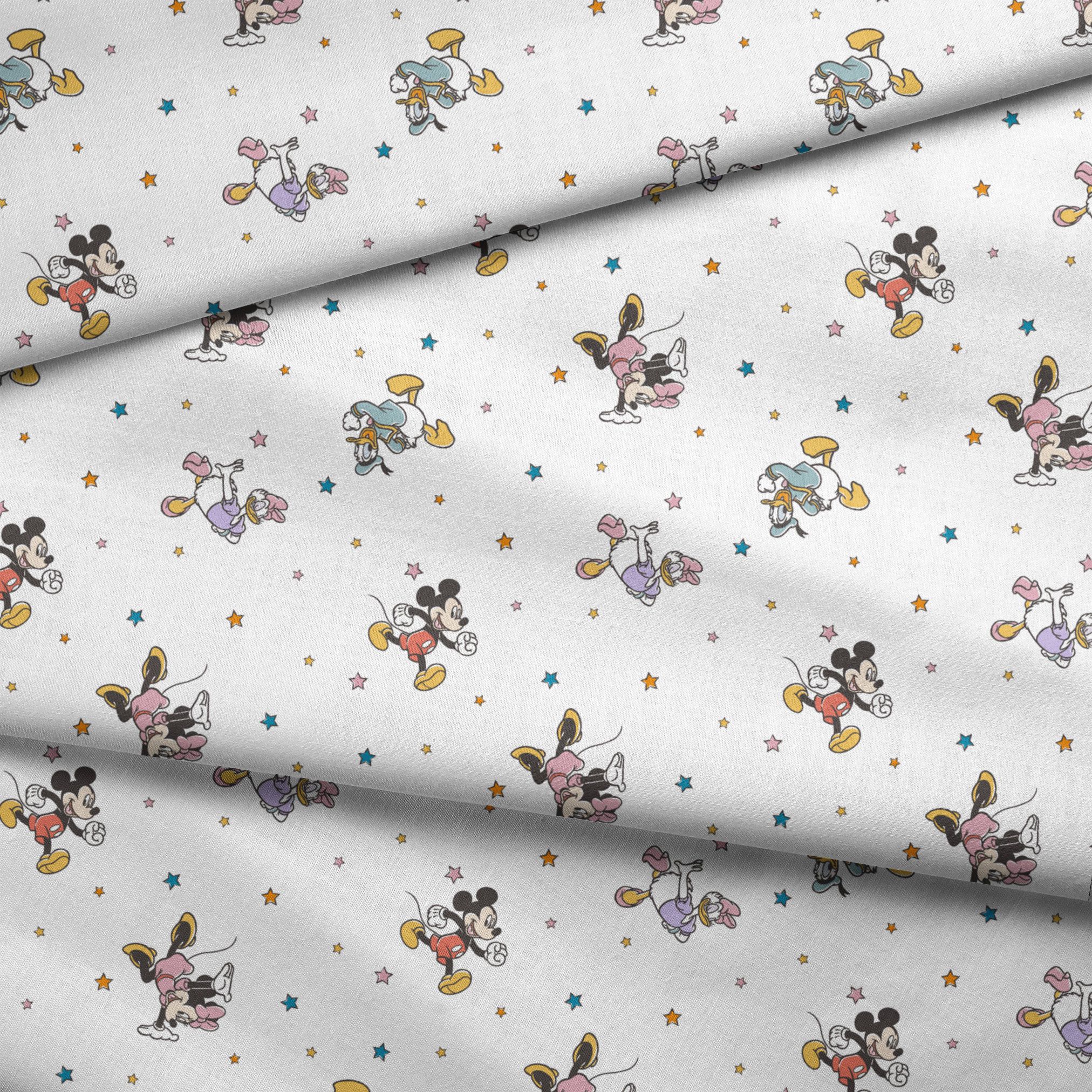 Disney characters pattern with Mickey Mouse and unicorns on white background with colorful stars fabric fold mockup