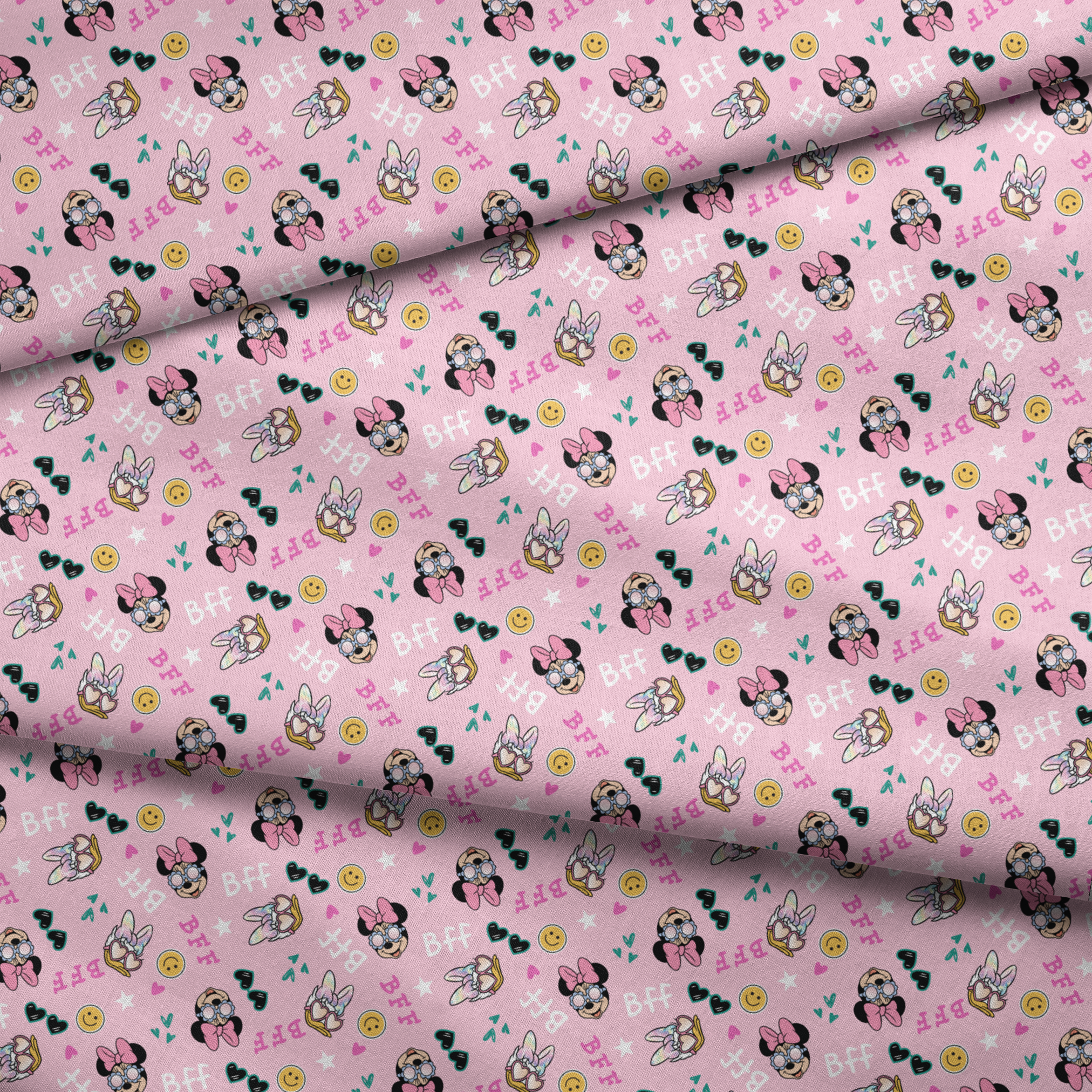 Pink background with Minnie Mouse pattern featuring bows, heart sunglasses, smiley faces, and "BFF" text in playful colors. fabric fold mockup