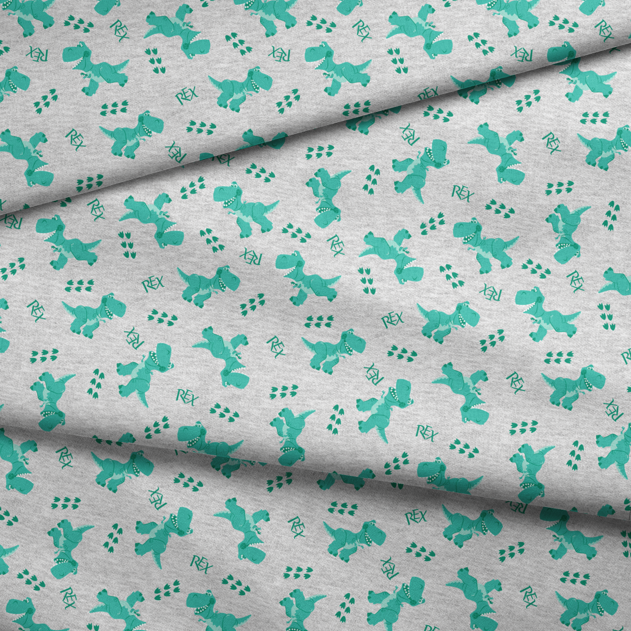 Playful Toy Story' Rex pattern on light gray heathered background fabric fold mockup