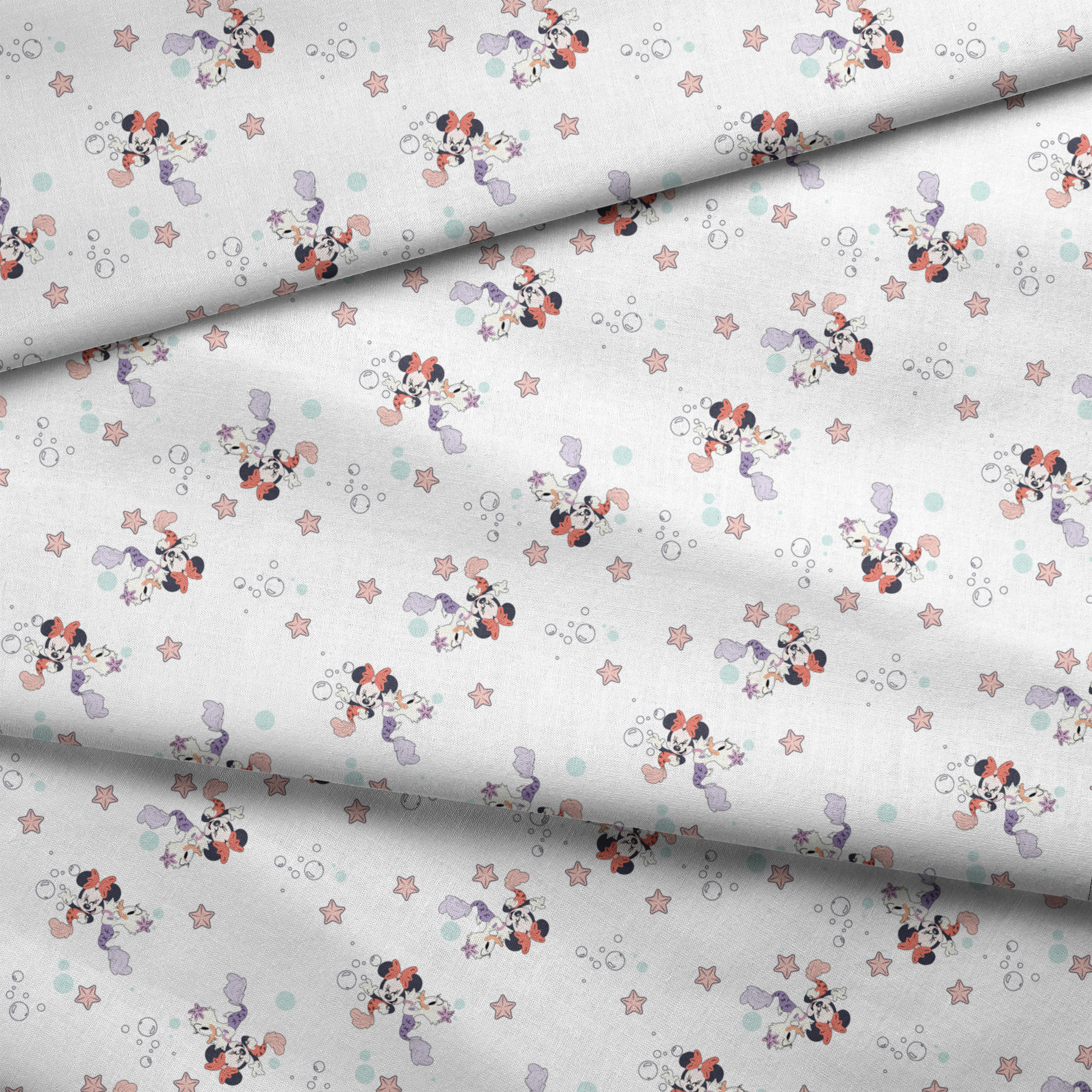 Minnie Mouse pattern with pastel stars and bubbles on white background, playful cartoon style fabric fold mockup