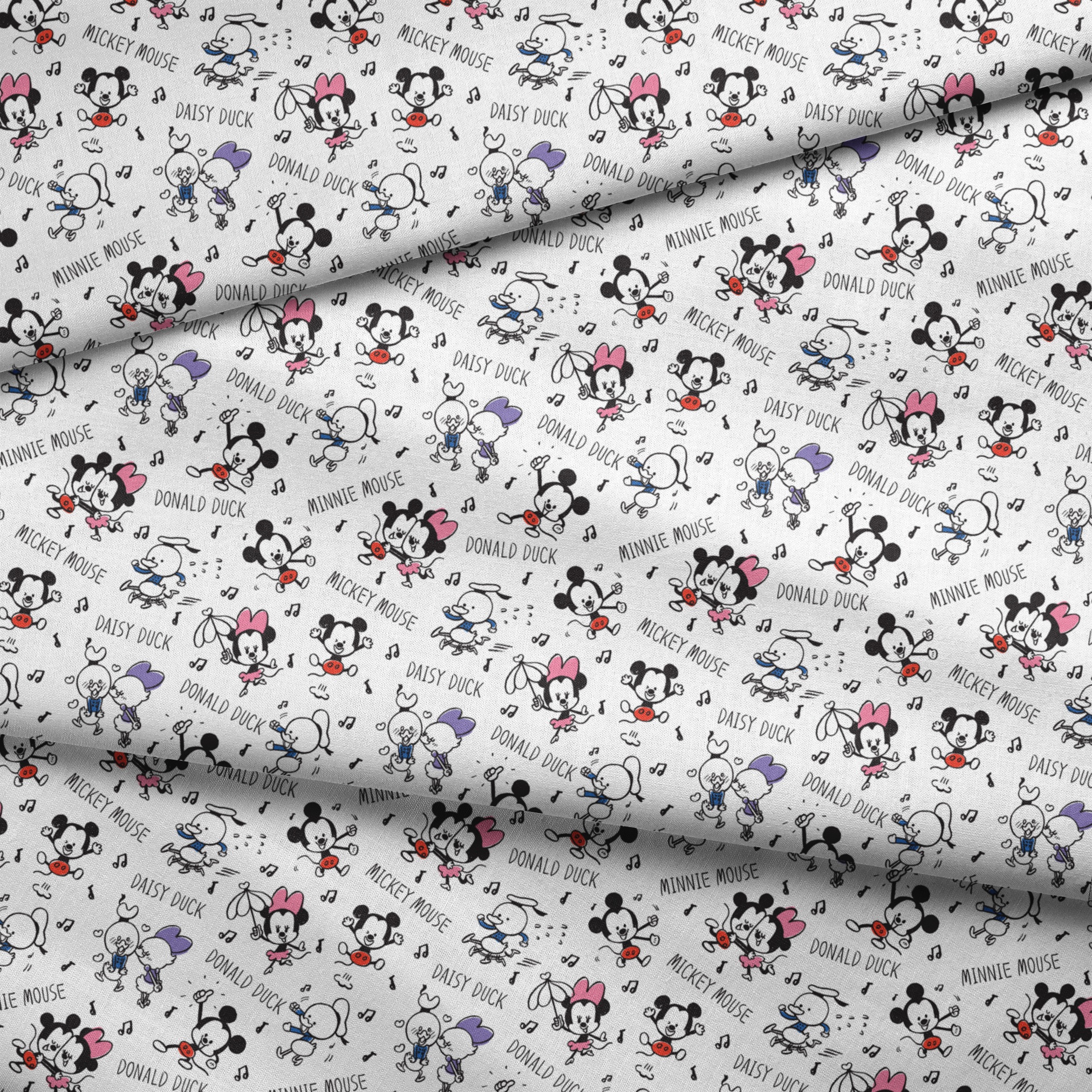 Classic Disney cartoon characters pattern with Mickey, Minnie, Donald, and Daisy with musical notes on white background. fabric fold mockup