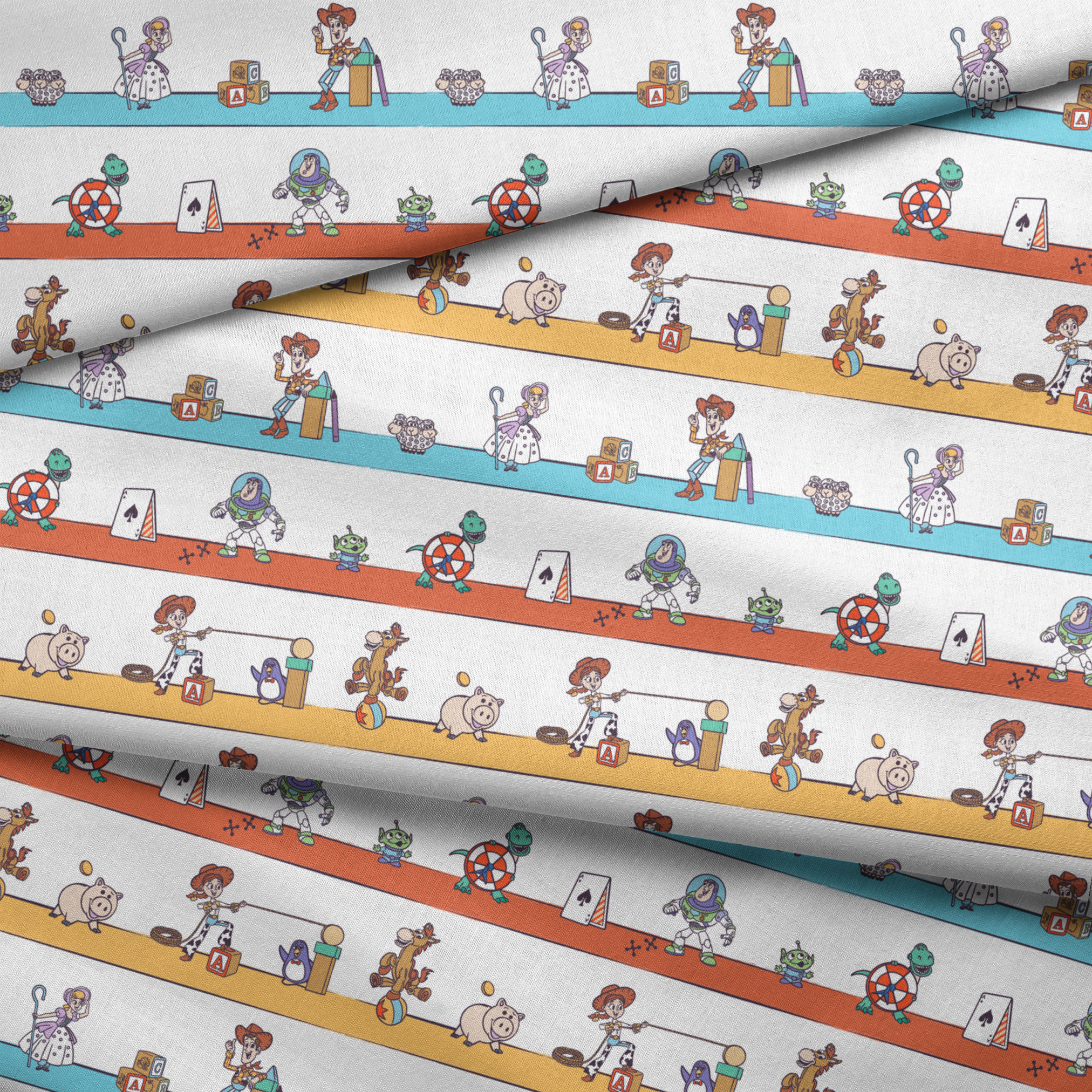 Cartoon illustration of three rows showing different Toy Story characters in action - Woody, Buzzlightyear, Jessie, & more! fabric fold mockup