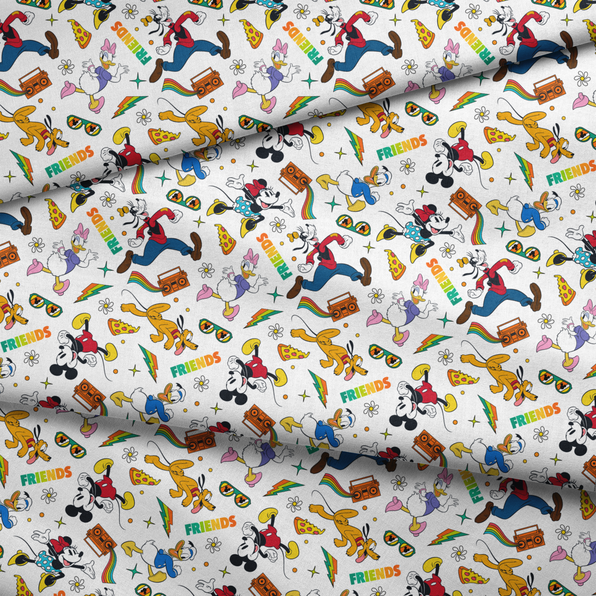 Cartoon pattern featuring classic Disney characters with radios, rainbows, sunglasses and "FRIENDS" text on white background. fabric fold mockup