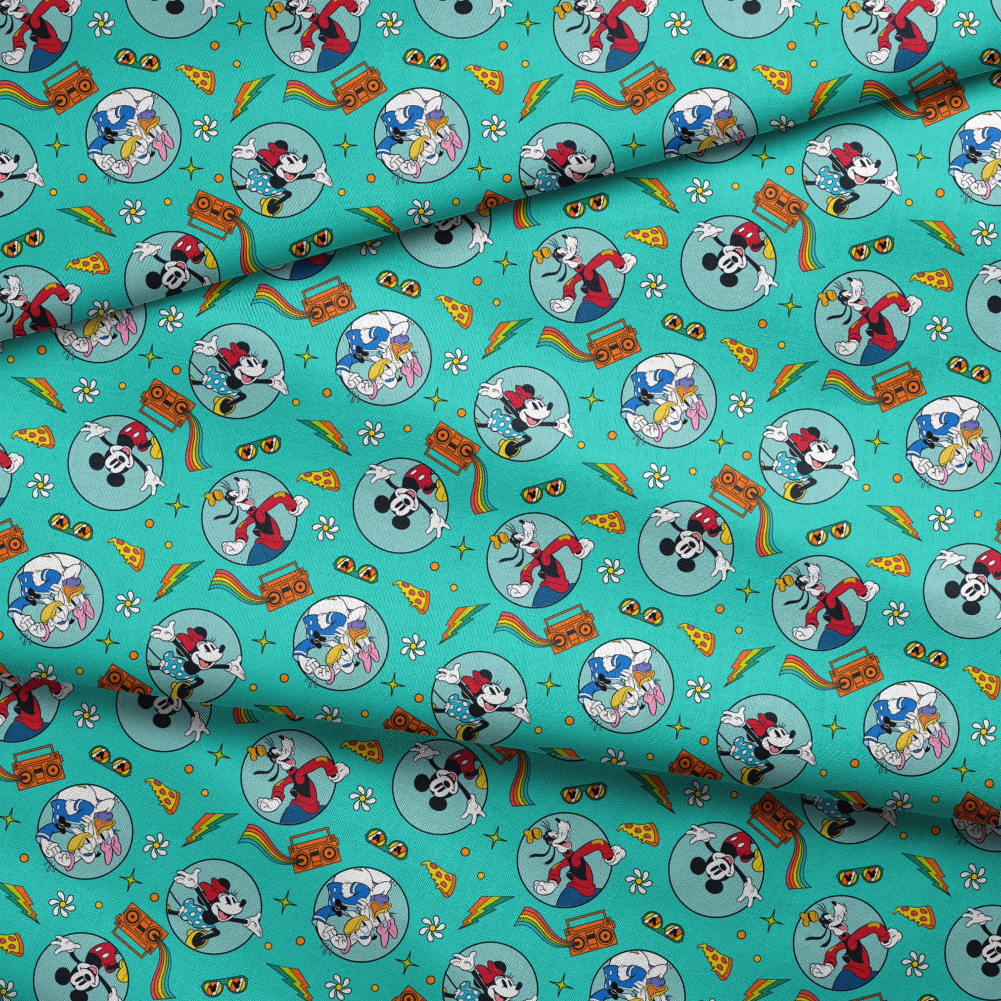 Colorful Mickey Mouse and friends pattern with pizza, boomboxes, sunglasses on teal background fabric fold mockup