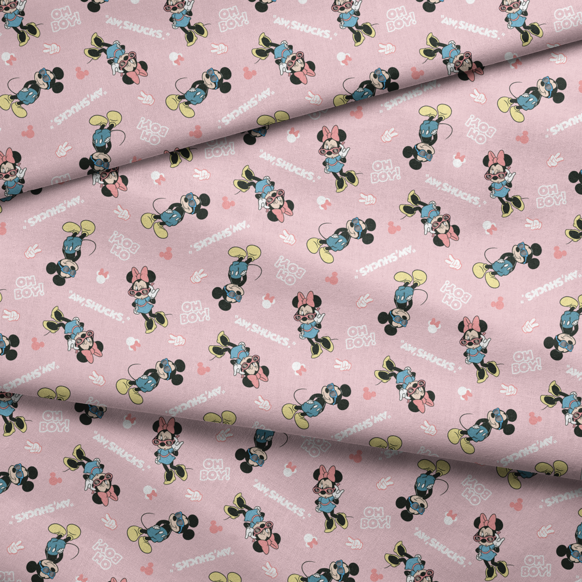 Disney cartoon characters on pink background with expressions "Oh Boy" and "Aw Shucks" in repeating pattern fabric fold mockup