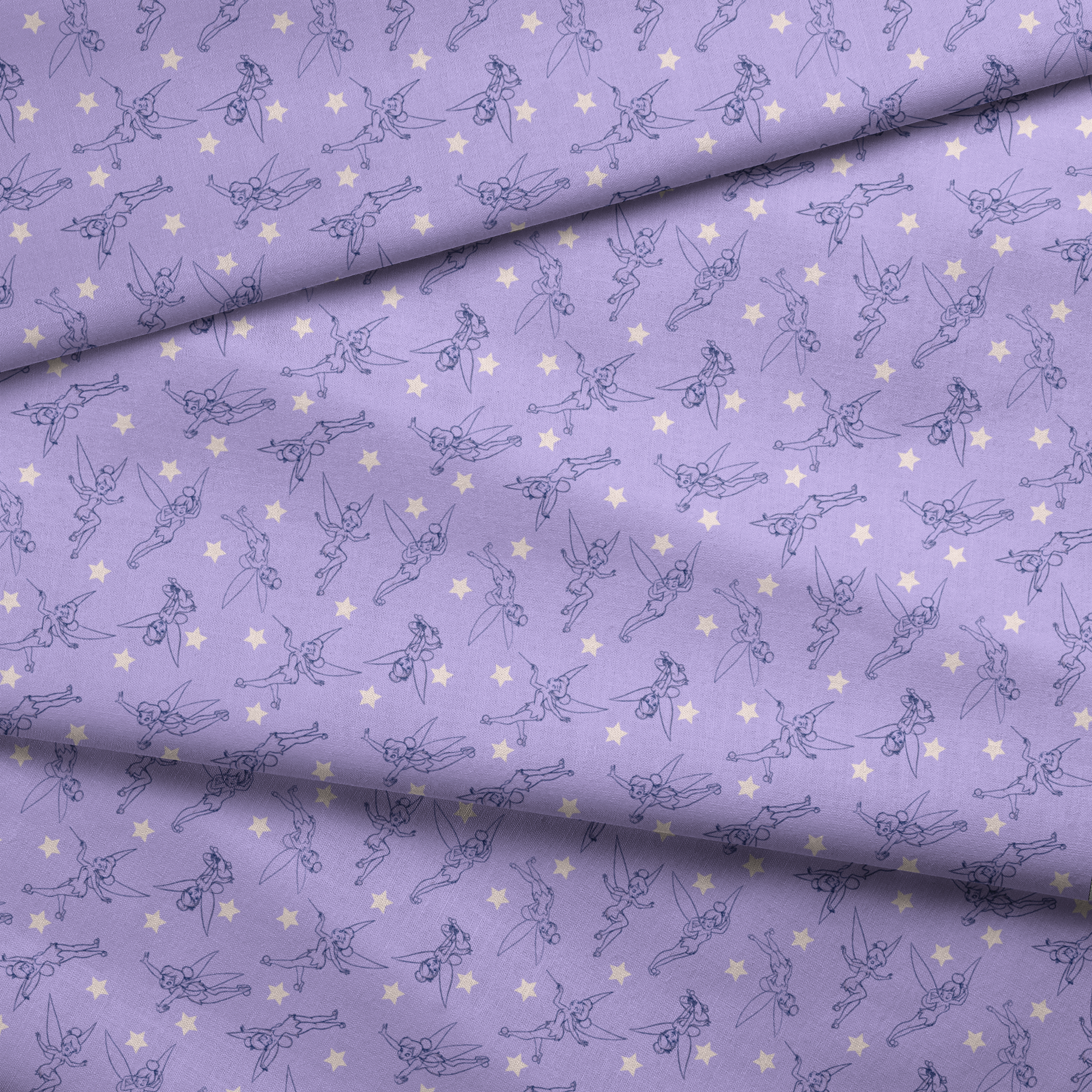 Tinker Bell dancing across a lavender purple background with white stars fabric fold mockup