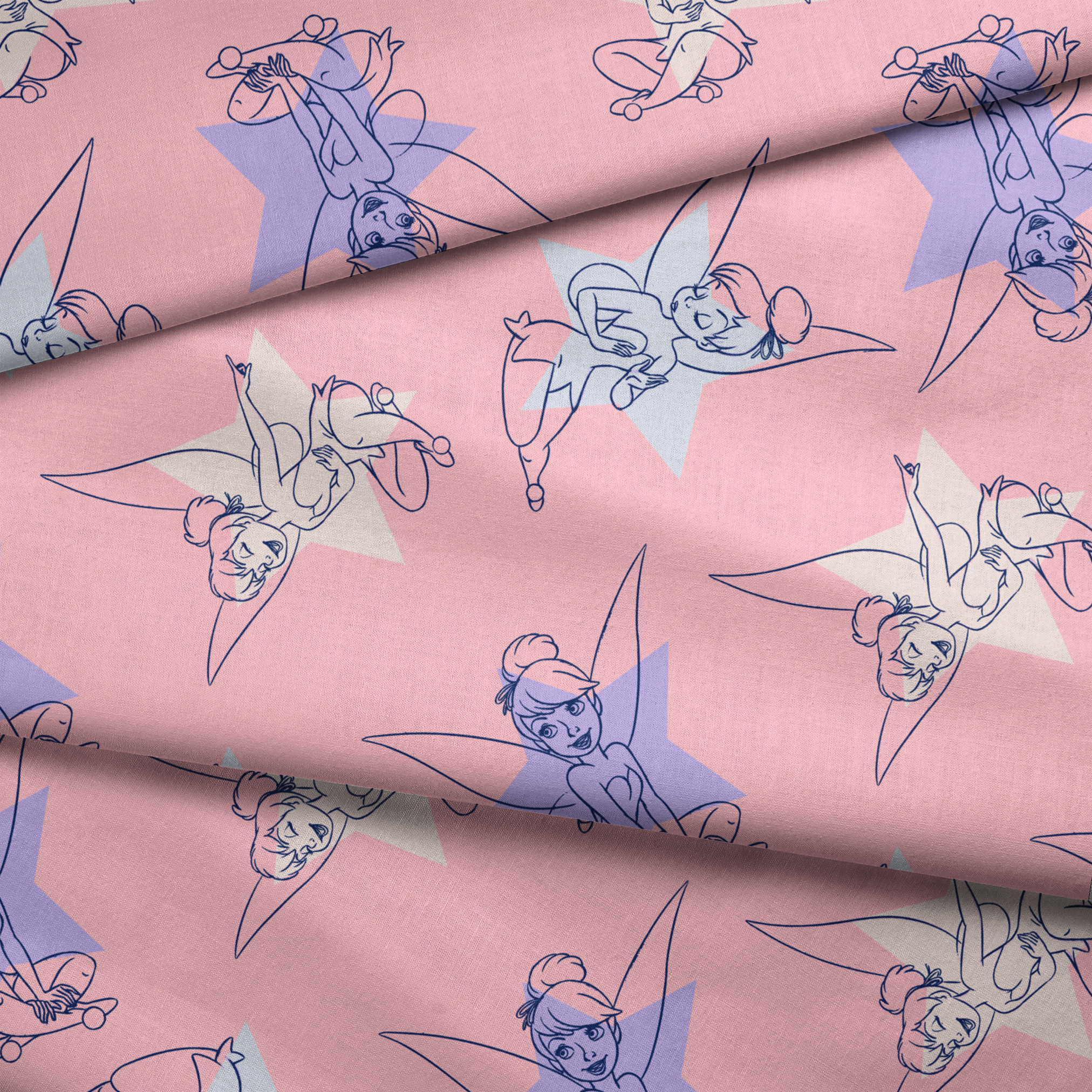 Whimsical Tinker Bells in outlined blue and white style on a soft pink background fabric fold mockup