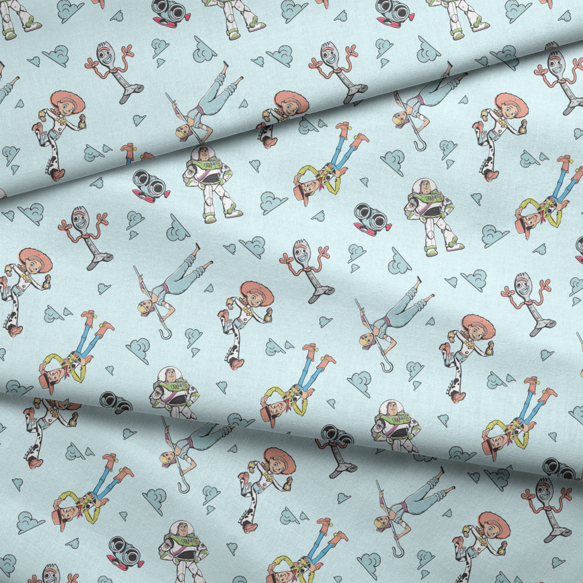 Cartoon characters from "Toy Story" floating on light blue background with cloud patterns fabric fold mockup