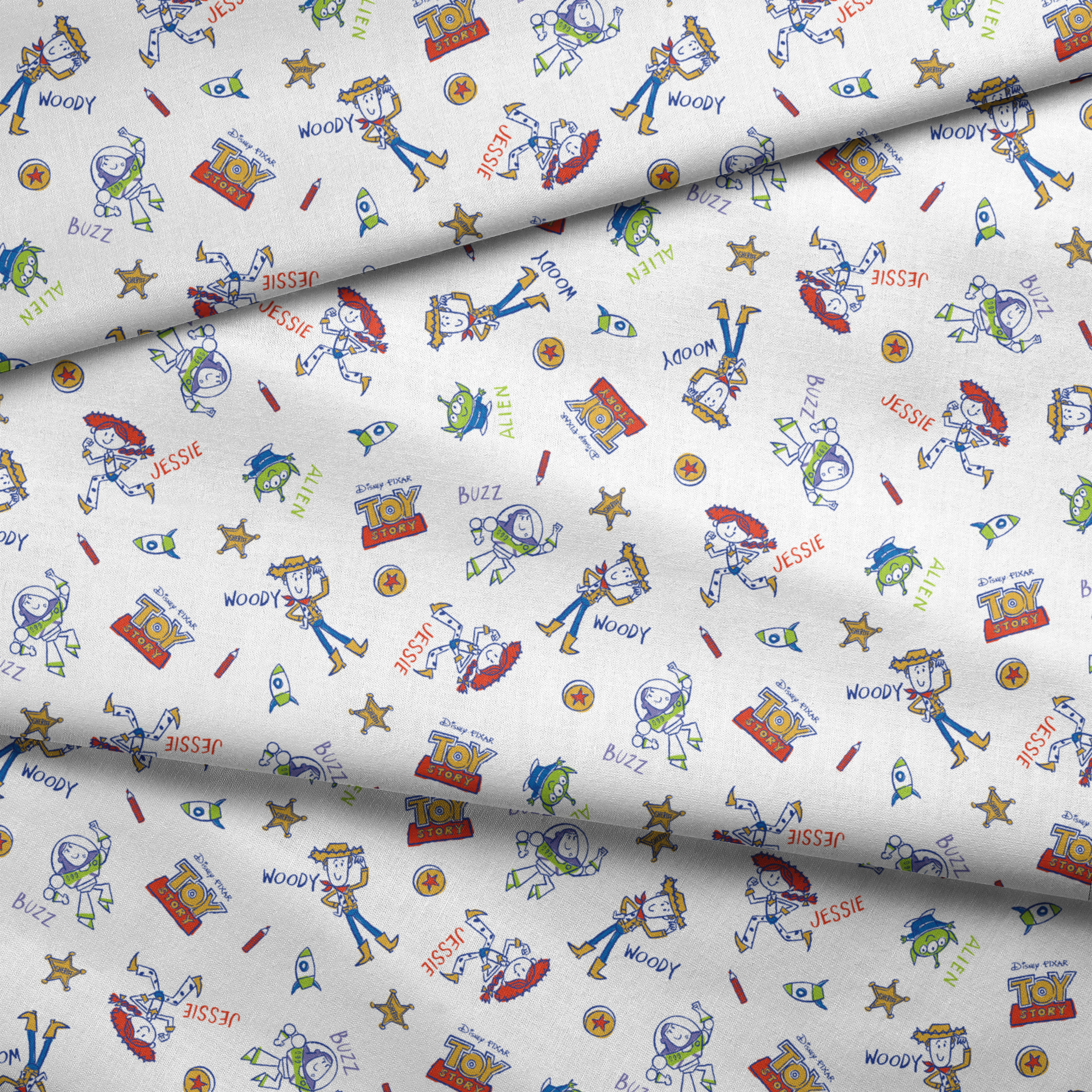 Toy Story pattern with Buzz Lightyear and Woody characters, stars, and spaceships on white background fabric fold mockup