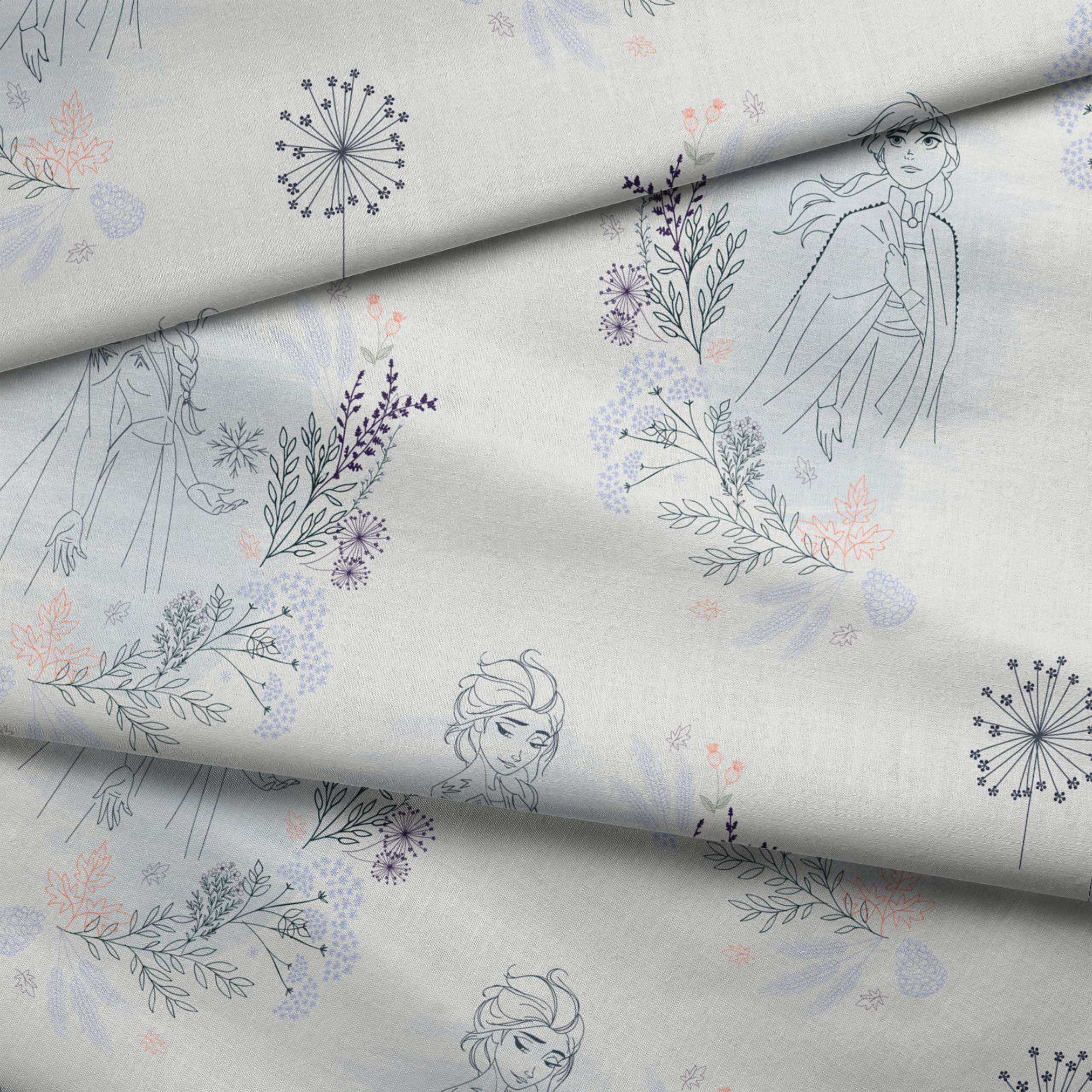 Delicate blue pattern featuring Frozen's Elsa and Anna surrounded by floral elements and dandelions on a light background fabric fold mockup