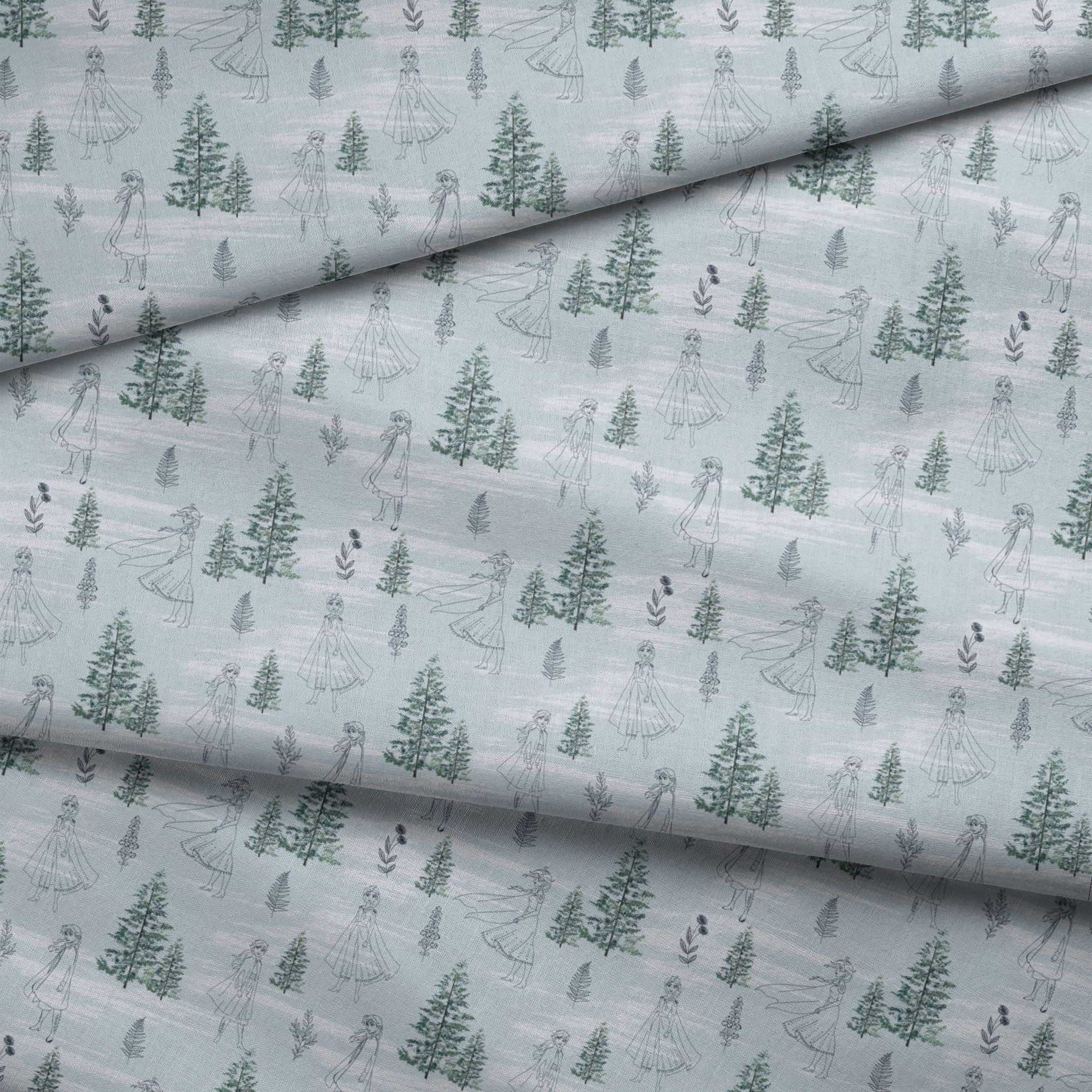 Pale blue pattern with delicate line drawings of pine trees, Elsa, and Anna across a wintry landscape fabric fold mockup