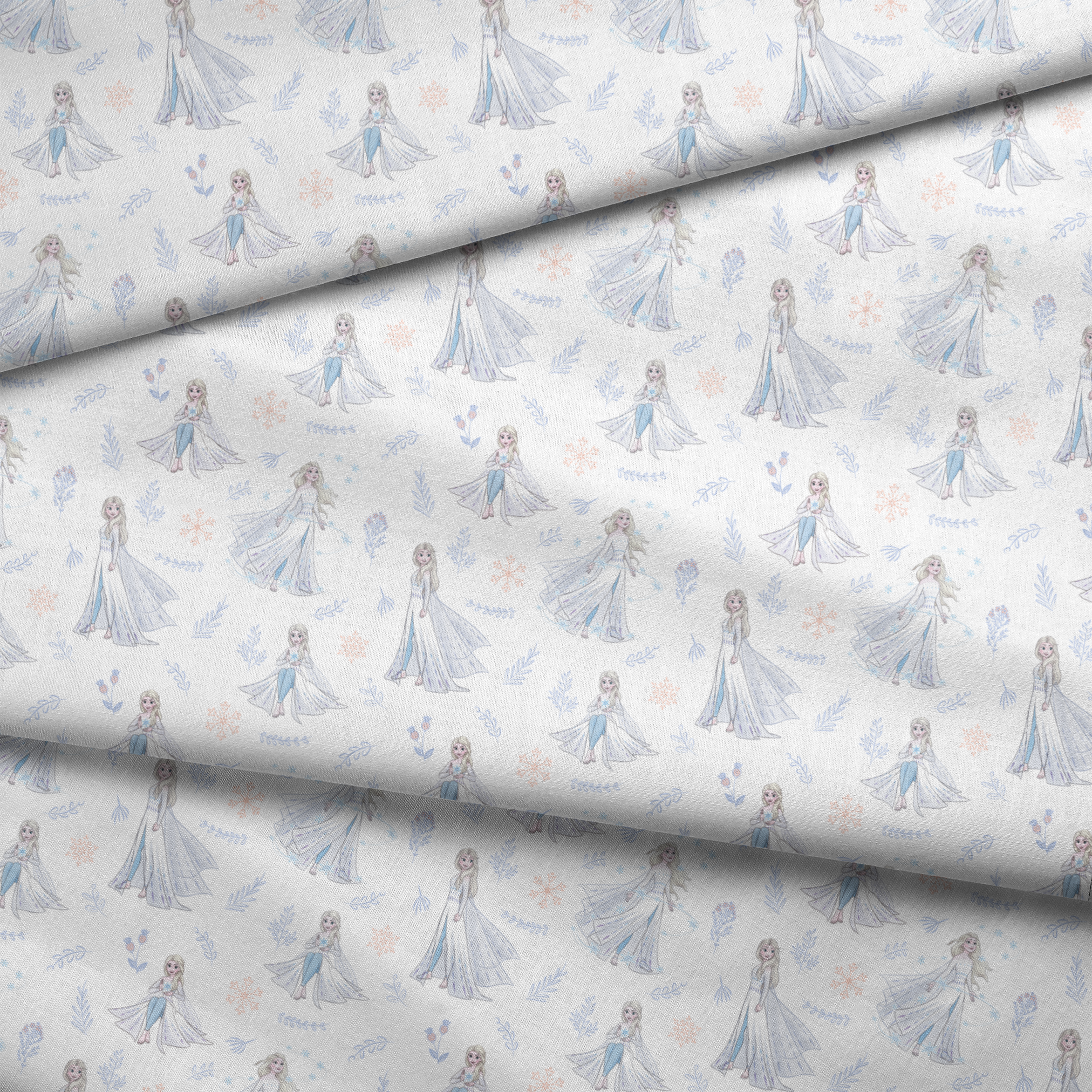 The image shows a decorative pattern featuringFrozen's Elsa, surrounded by delicate snowflakes, leaves, and floral elements in soft pastel colors on a light background. fabric fold mockup