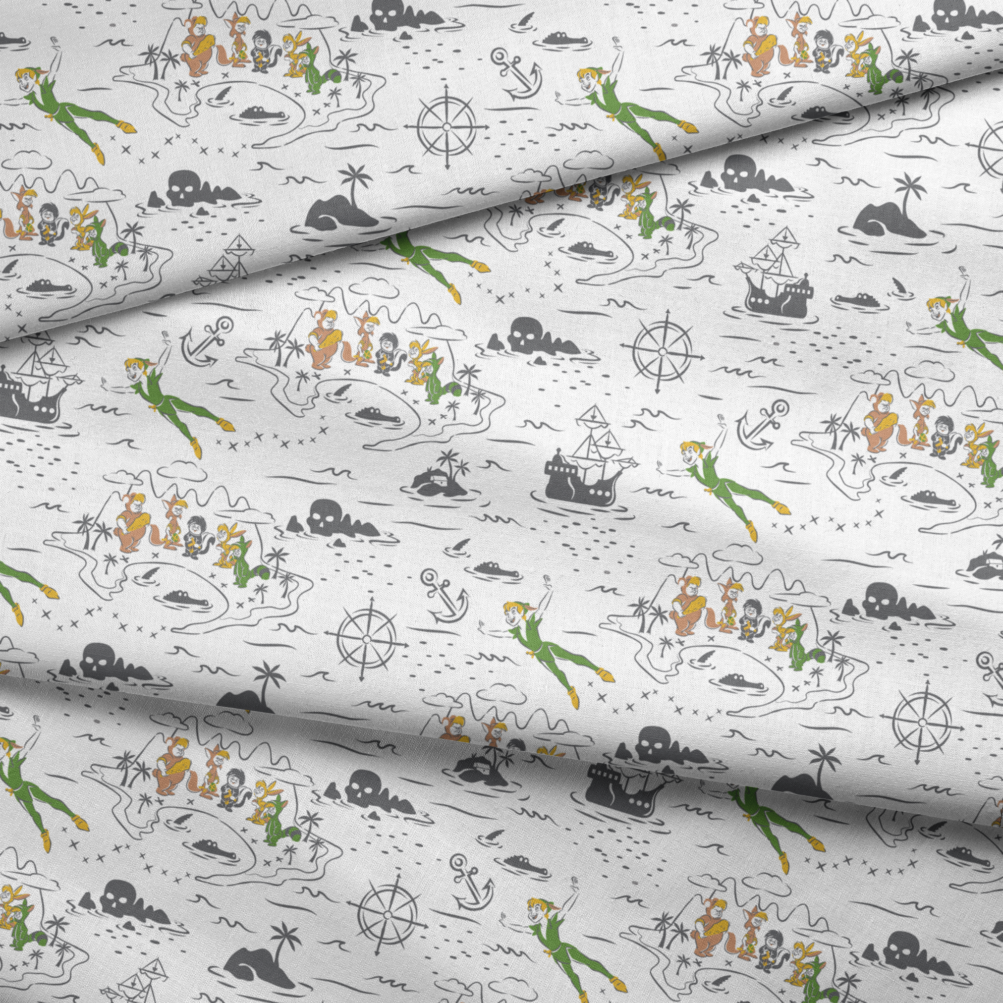 Peter Pan-inspired pattern with islands, ships, mermaids, compass roses, and pirate symbols in green, orange, and gray on white background fabric fold mockup