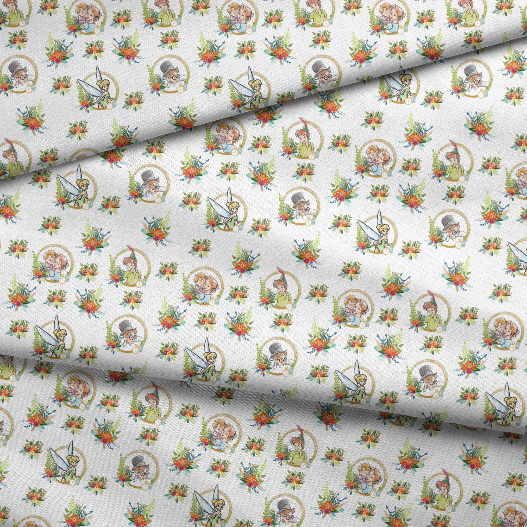 Illustrated pattern featuring cartoon characters in gold circles with colorful floral arrangements fabric fold mockup