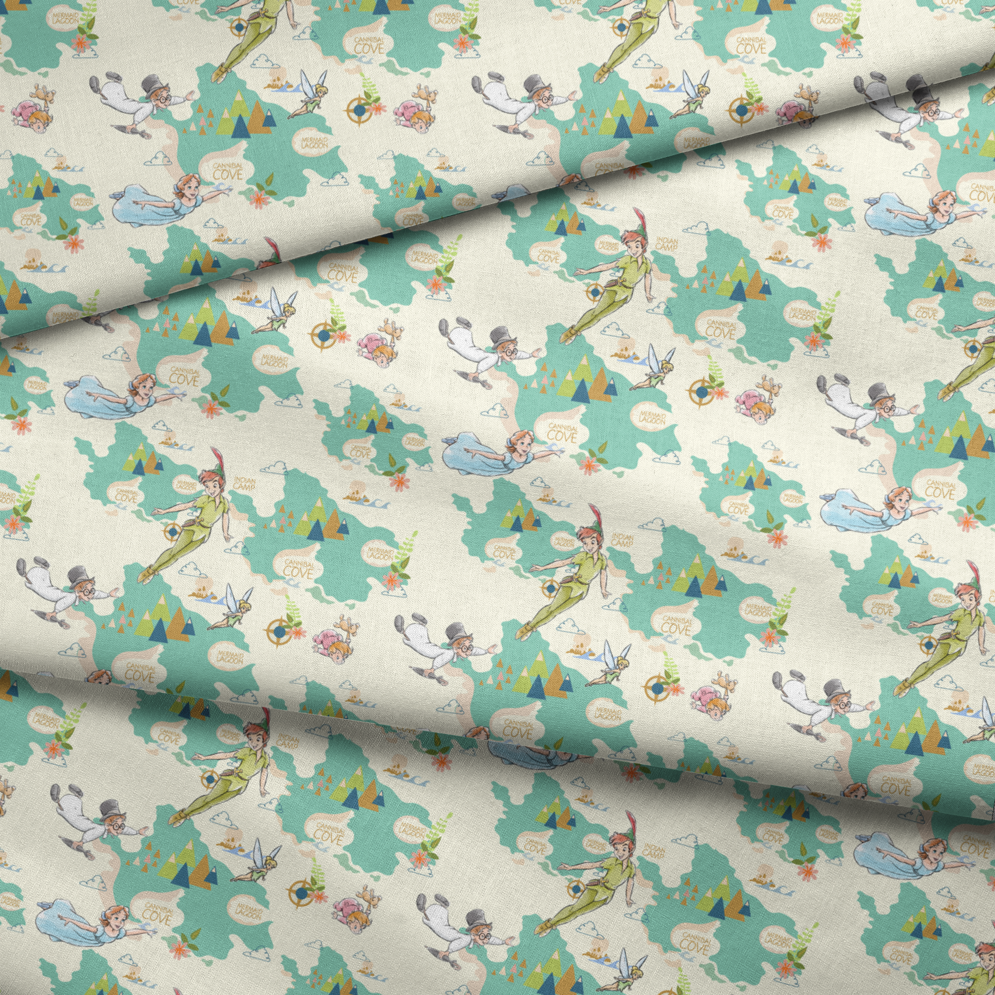This is a whimsical Peter Pan themed pattern featuring characters flying through a turquoise sky with geometric mountains and text bubbles showing "Mermaid Cove" locations. fabric fold mockup