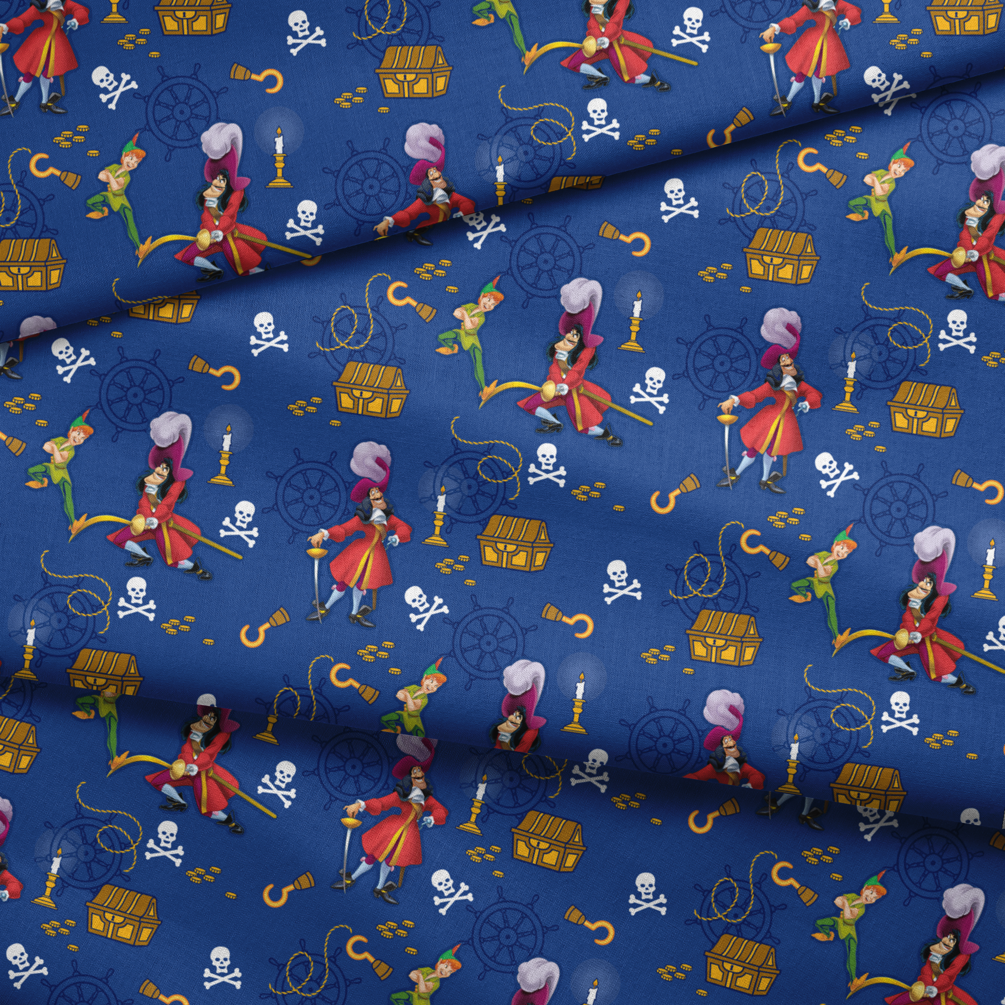 Pirate-themed pattern with captains, treasure chests, hooks, and skull symbols on blue background fabric fold mockup