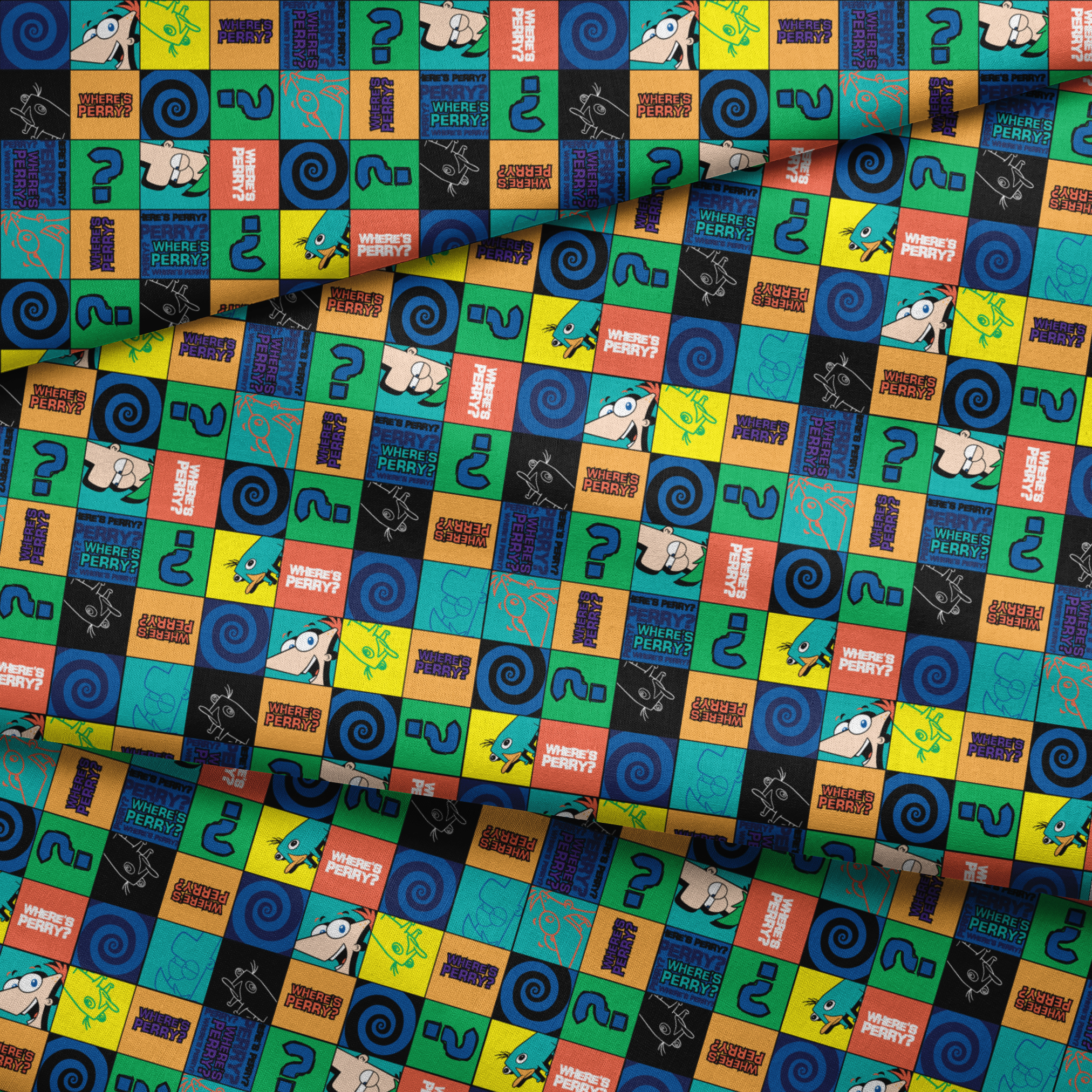 Colorful grid pattern with Phineas and Ferb cartoon characters, logos, question marks, and spirals in blue, green, and orange squares. fabric fold mockup