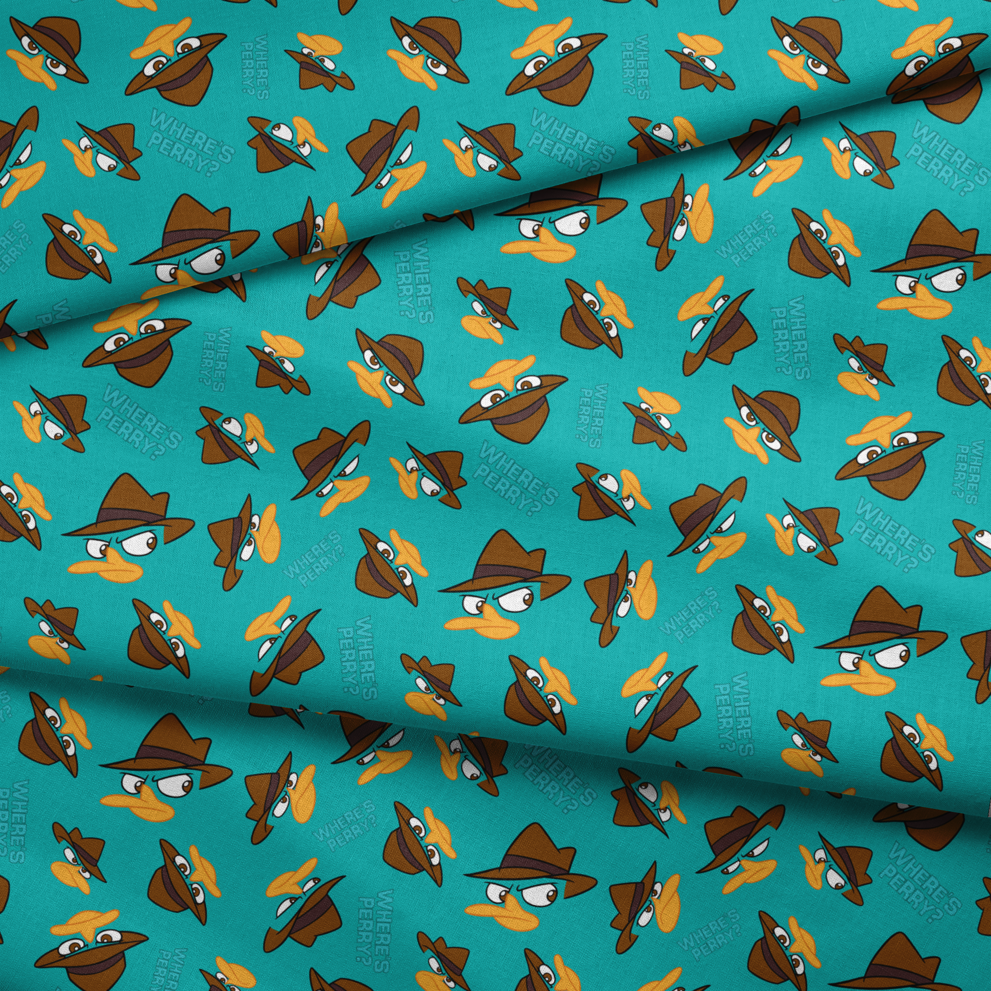 Pattern of cartoon character faces with brown fedora hats on teal background with "Where's Perry" text fabric fold mockup