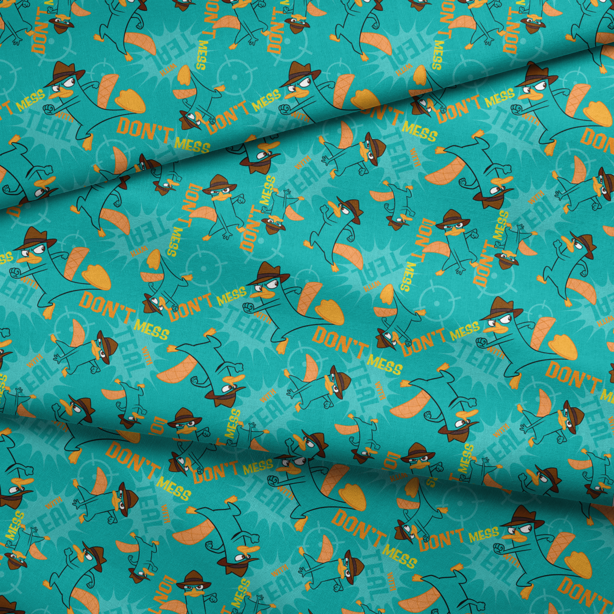 Cartoon pattern of platypus character in fedora hat with orange elements on teal background fabric fold mockup