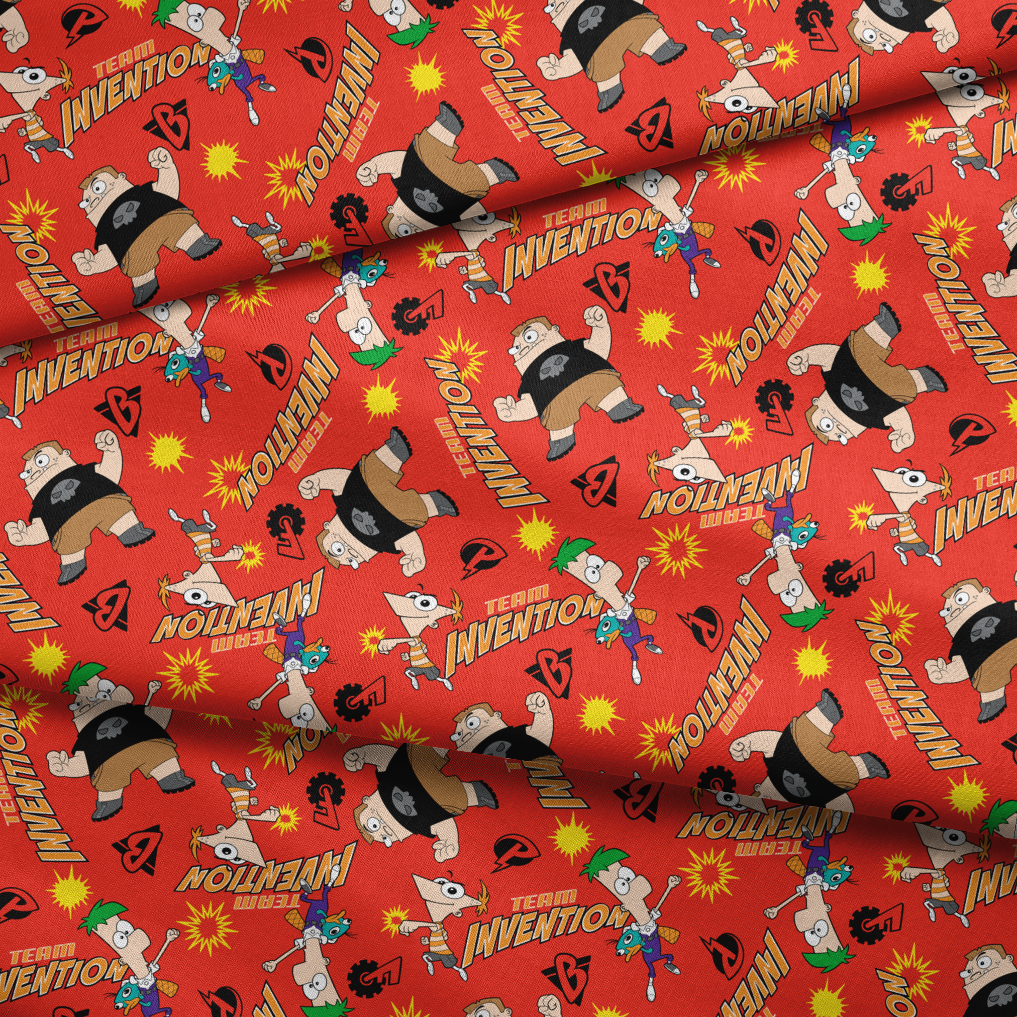 Red background pattern with Phineas and Ferb, text reading "Invention" and "McTheim", yellow starbursts, and comic-style design elements fabric fold mockup