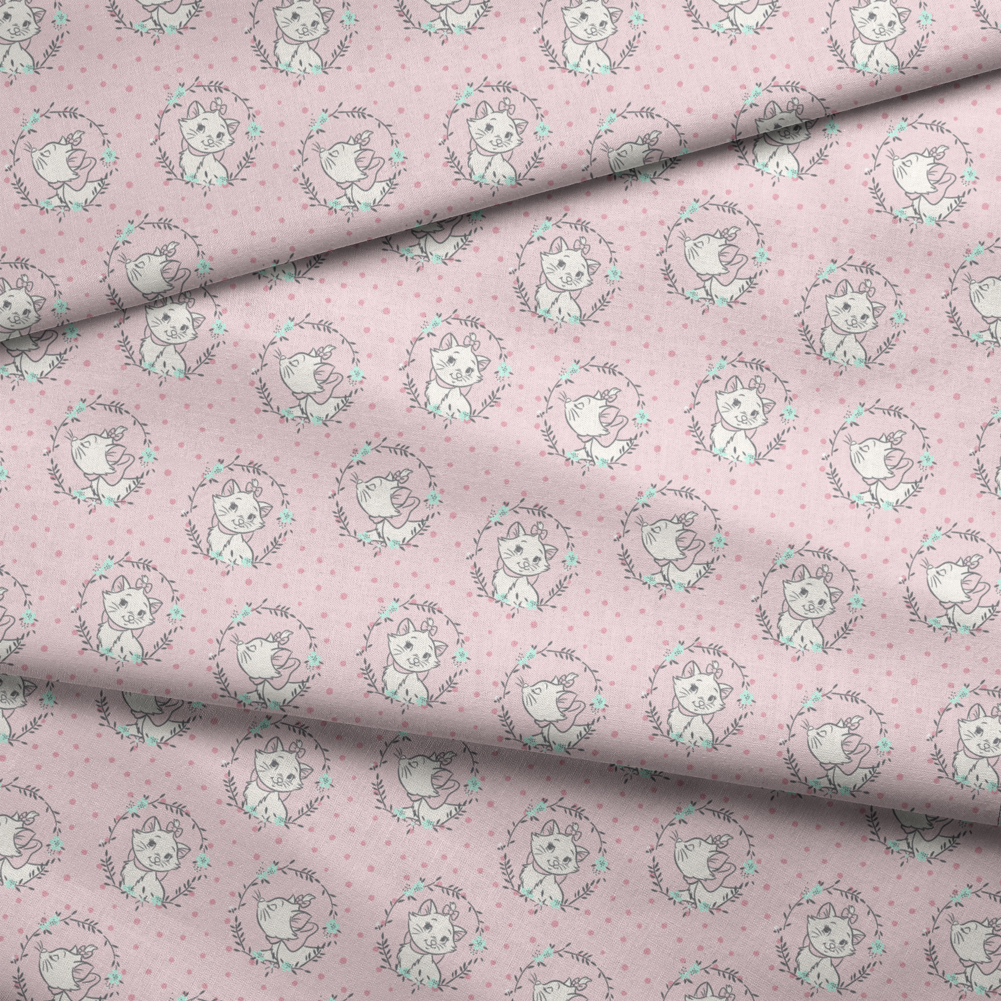 White cartoon cats in floral wreaths on pink polka dot background, seamless pattern fabric fold mockup