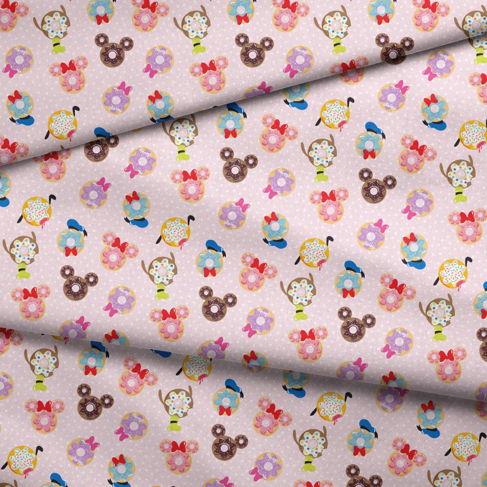 Mickey Mouse & friends donuts in various shapes on a pink polka dot background. fabric fold mockup