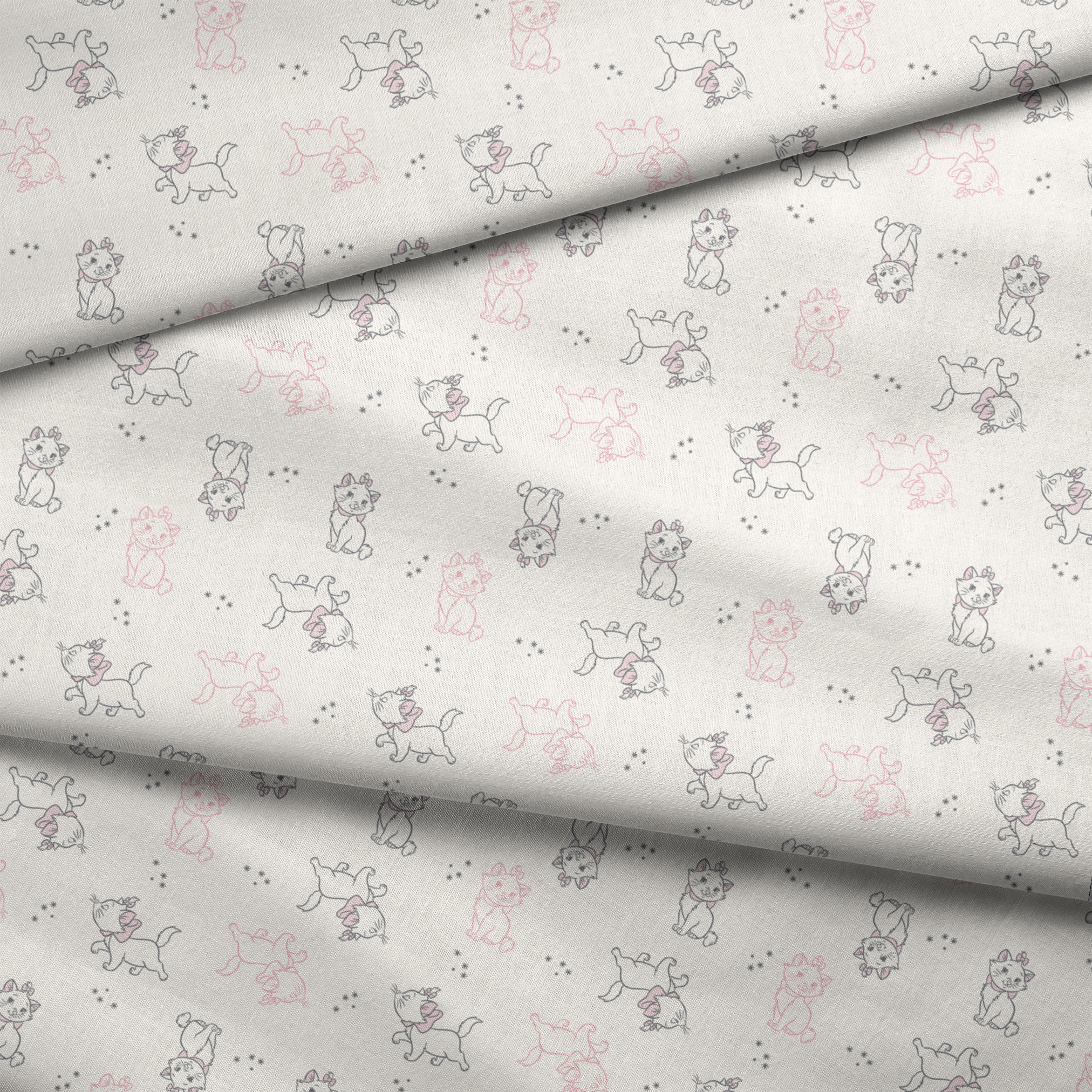 Line drawing pattern of Marie in pink and gray on cream background with small star accents fabric fold mockup