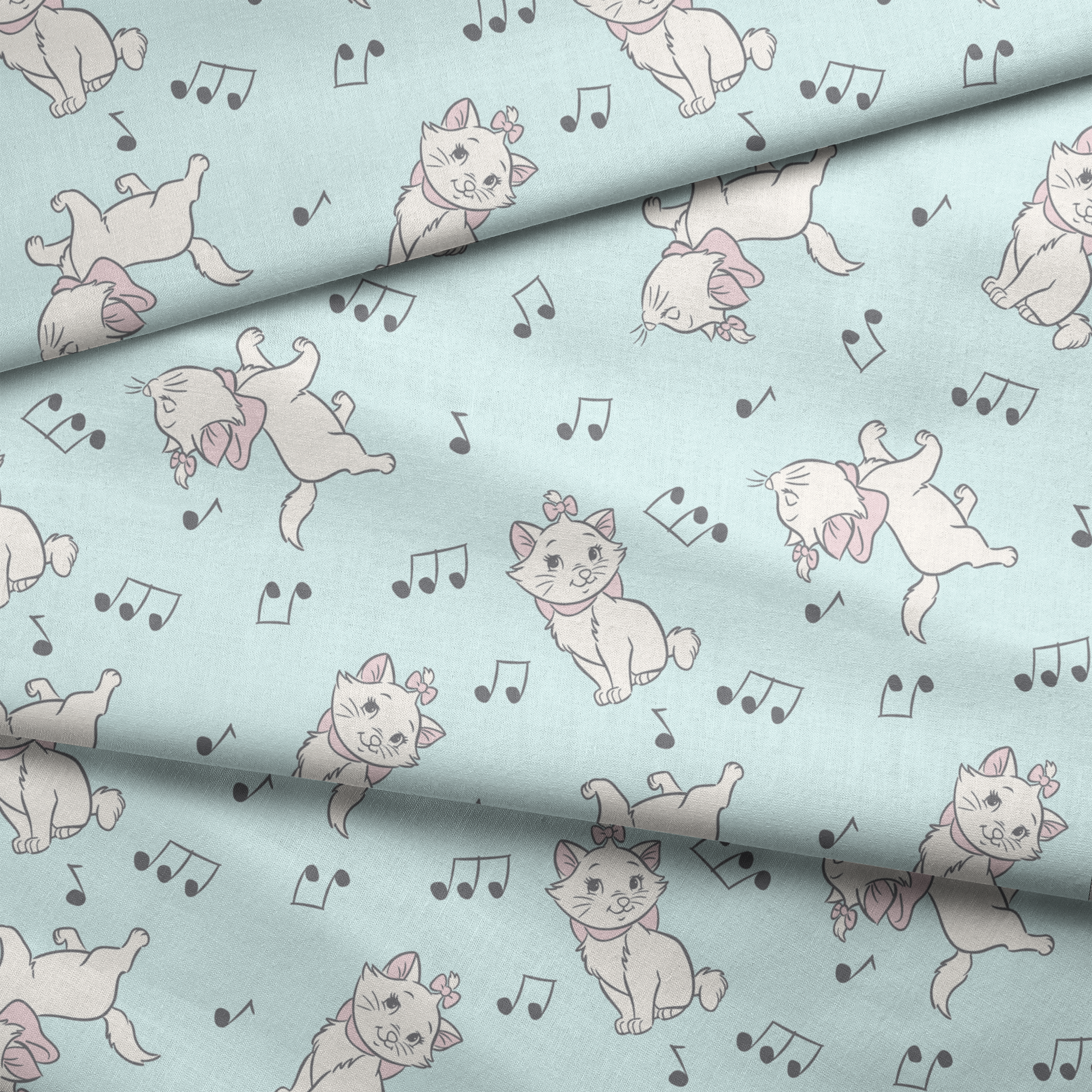 White kittens with pink bows playing among musical notes on a light mint background fabric fold mockup
