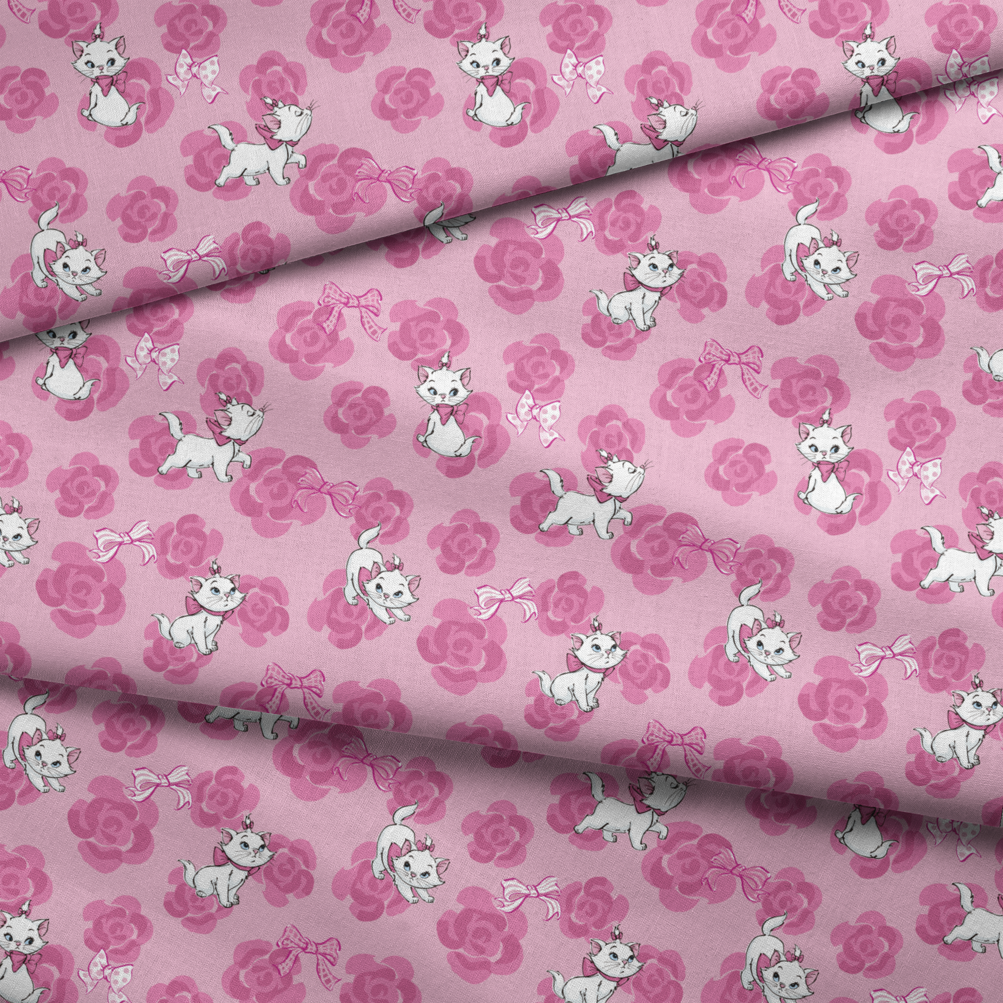Marie from The Aristocats playing on pink rose pattern background fabric fold mockup