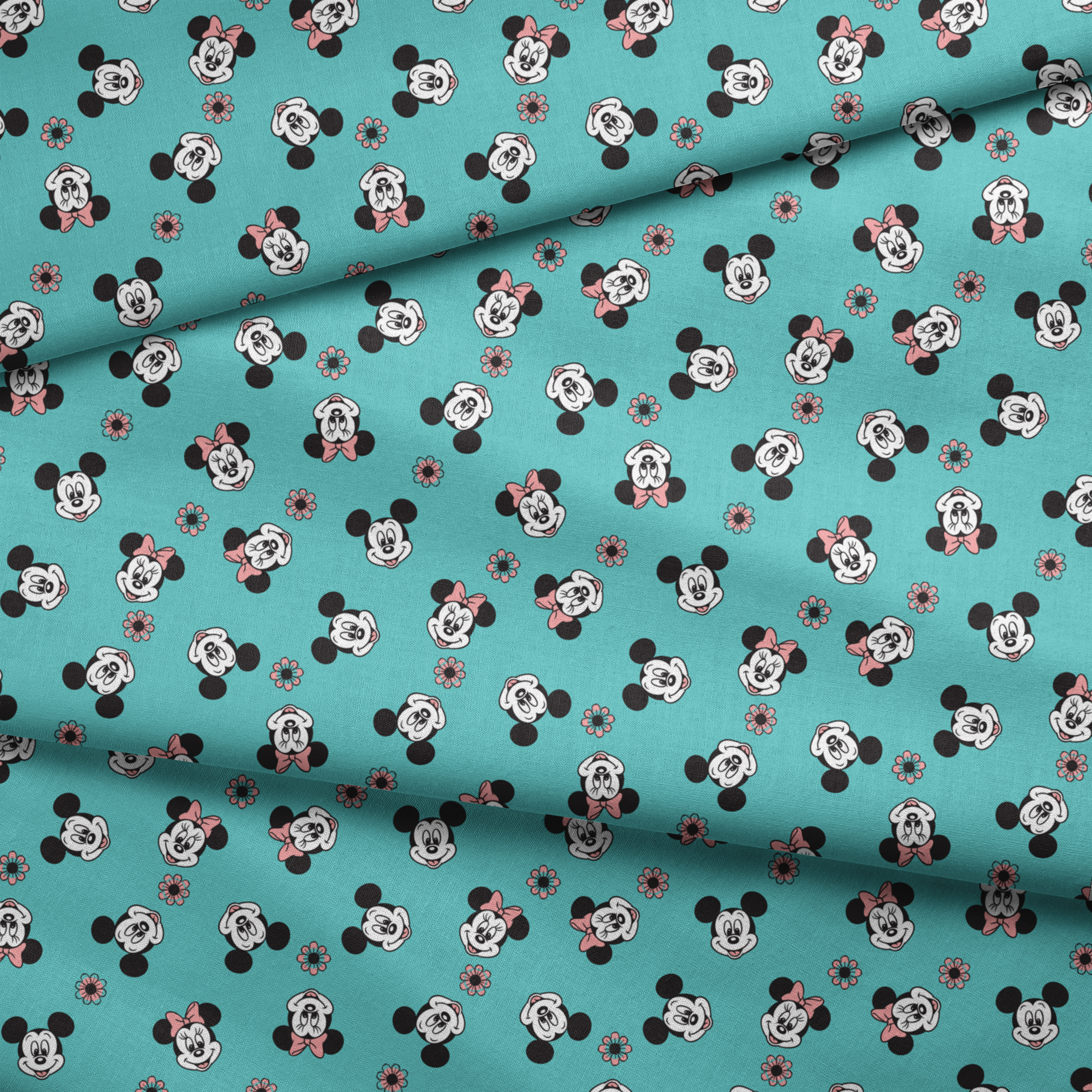 Mickey and Minnie Mouse cartoon faces scattered on turquoise background with small flowers fabric fold mockup