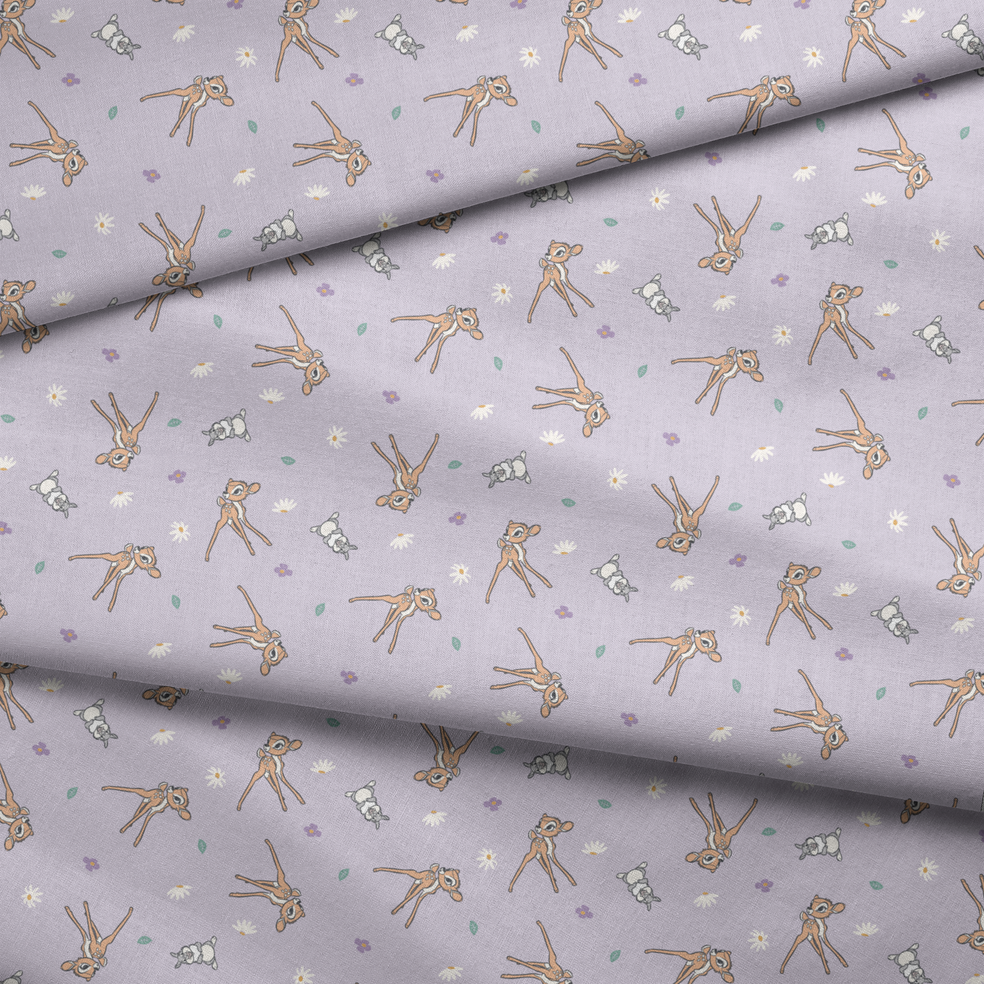 Seamless pattern of cartoon deer and bunnies with daisies and small flowers on lavender background fabric fold mockup