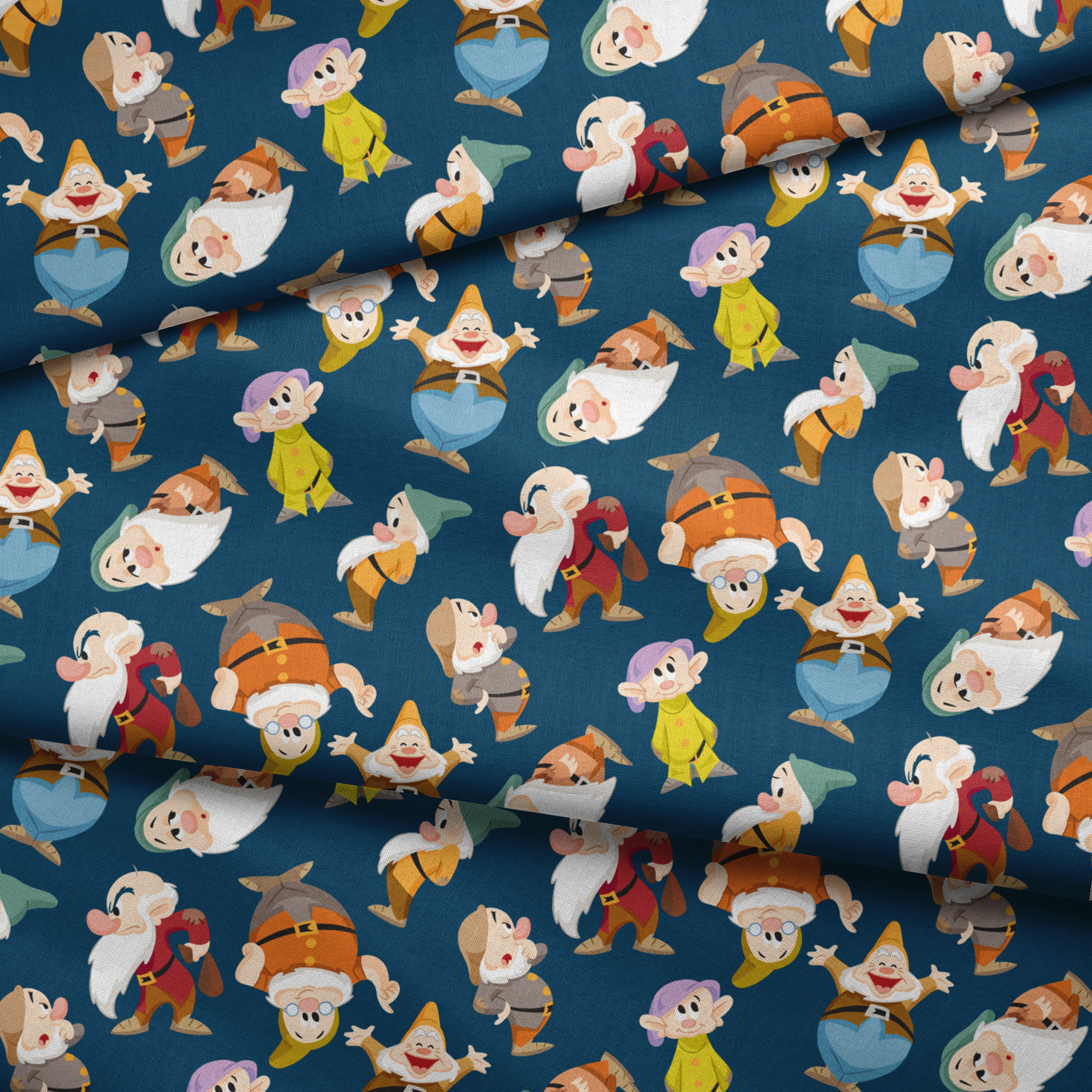 Colorful pattern of cartoon dwarfs in various outfits and poses on a deep blue background fabric fold mockup