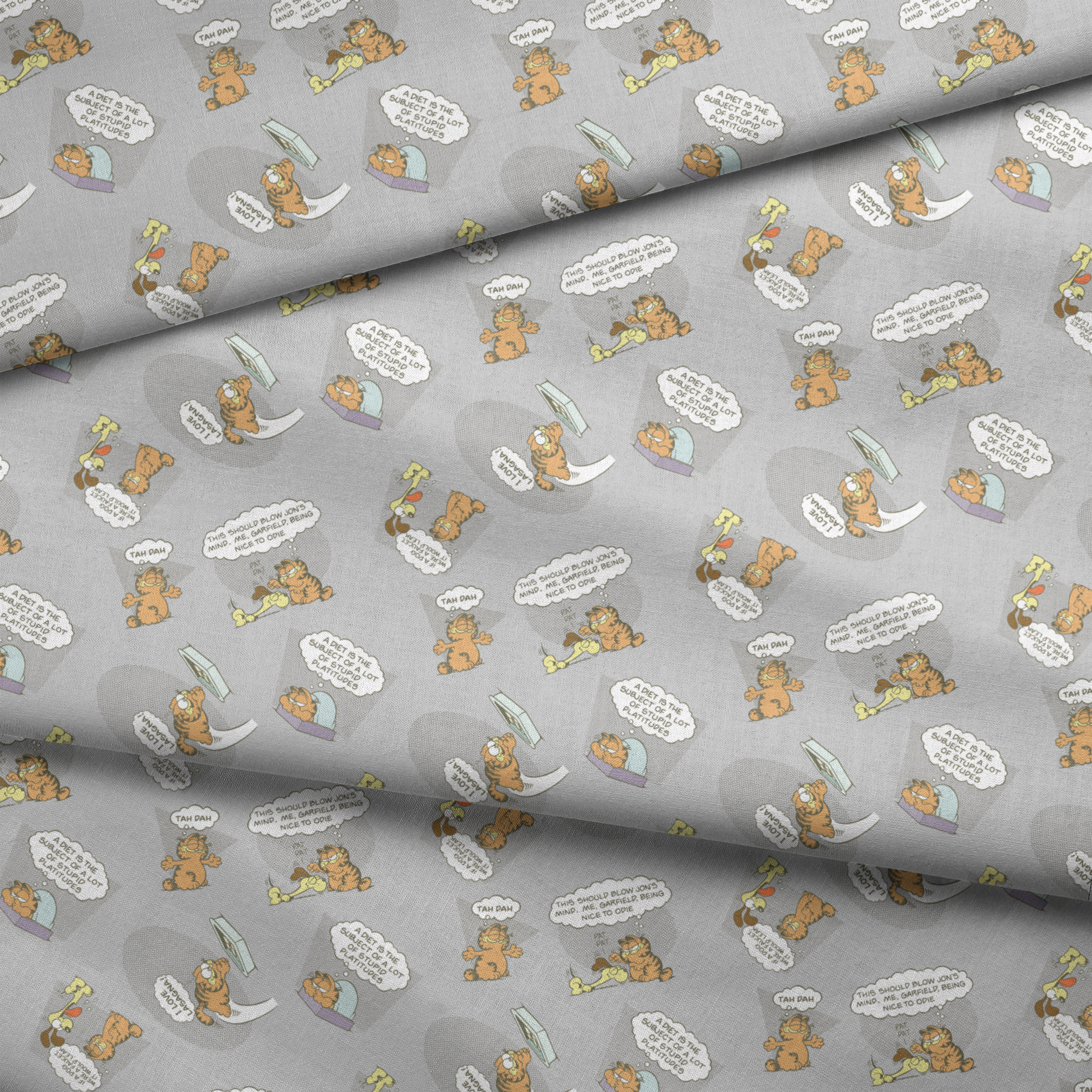 Cartoon Garfield pattern with various poses of the orange cat and speech bubbles on gray background fabric fold mockup