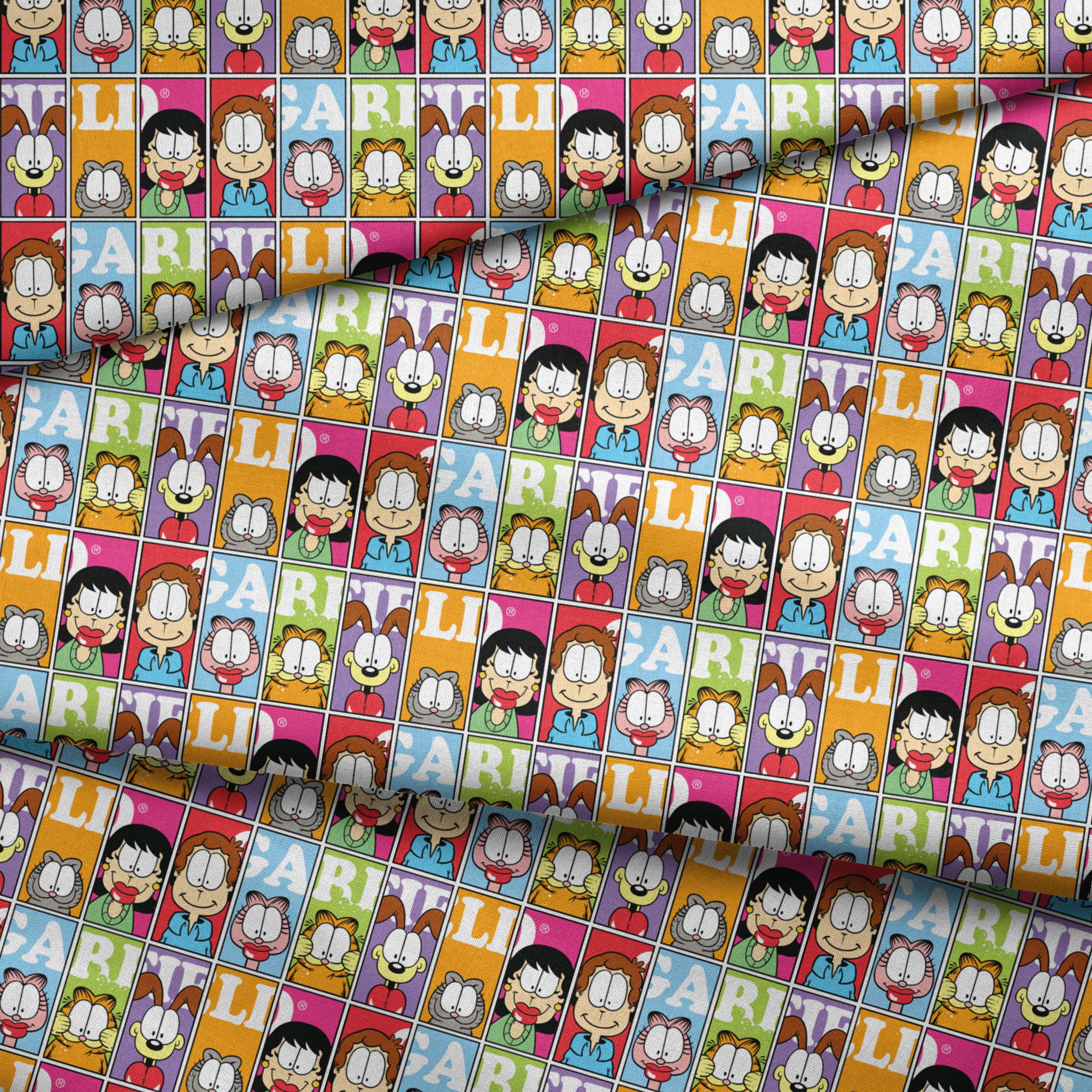 Colorful comic grid pattern with Garfield characters and letters arranged in repeating squares fabric fold mockup