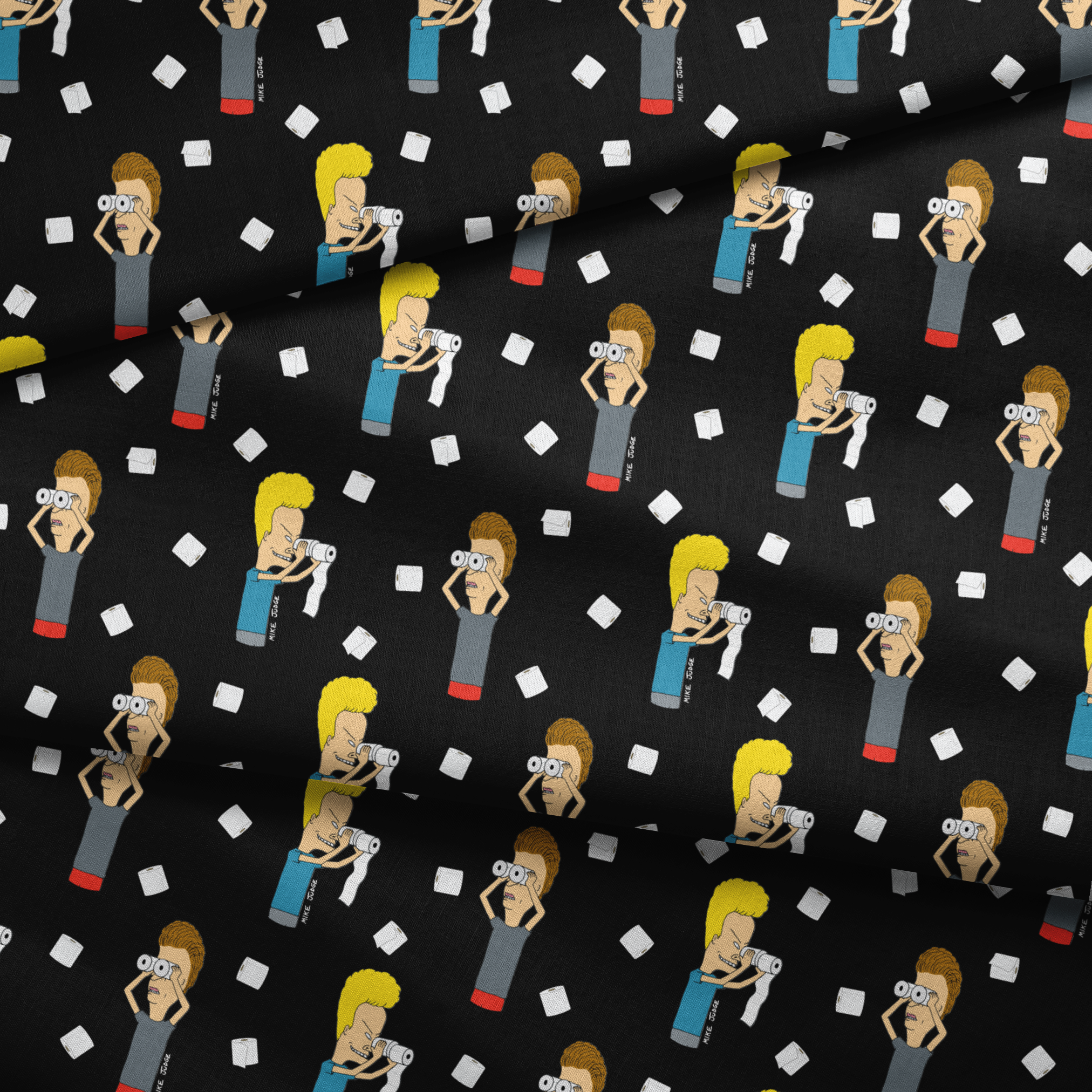 Cartoon characters with exaggerated features on black background with white squares scattered throughout the pattern fabric fold mockup