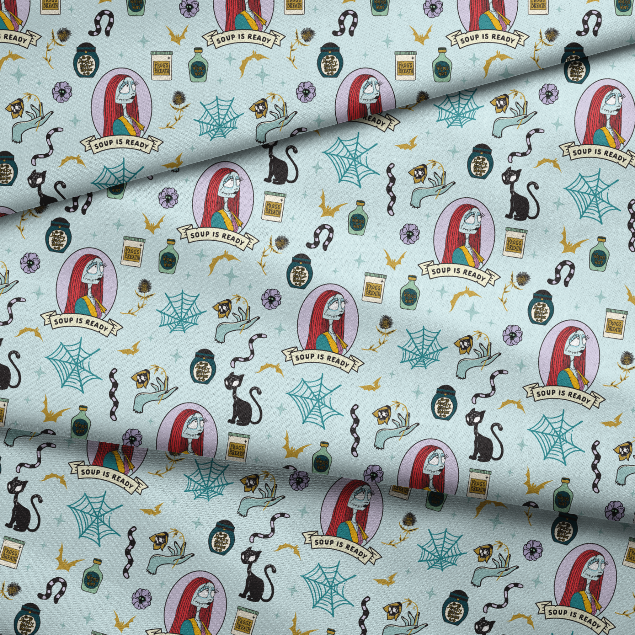 Whimsical pattern with skeletal figure in oval frame, black cats, spiderwebs, potion bottles, and "Soup is Ready" banners on light blue background. fabric fold mockup