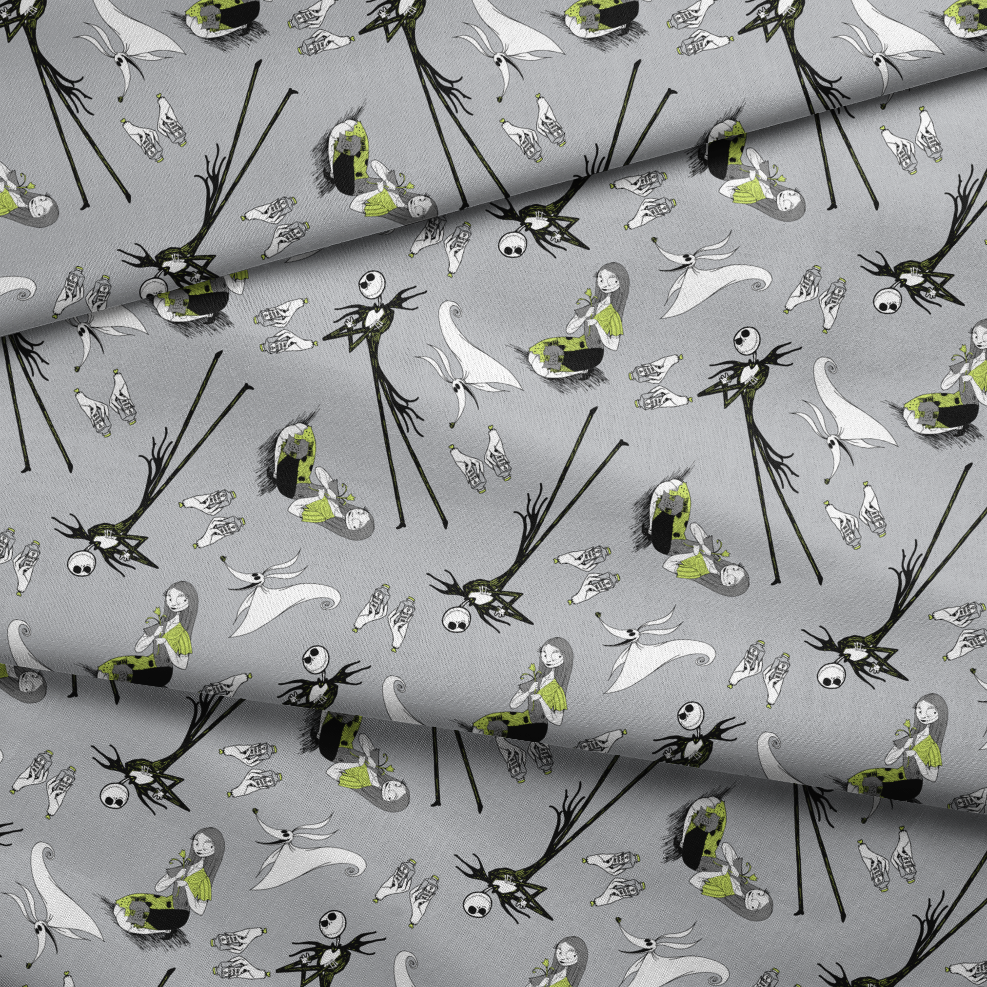 Spooky pattern with stylized ghostly figures, skeletal creatures, and green accents on gray background fabric fold mockup