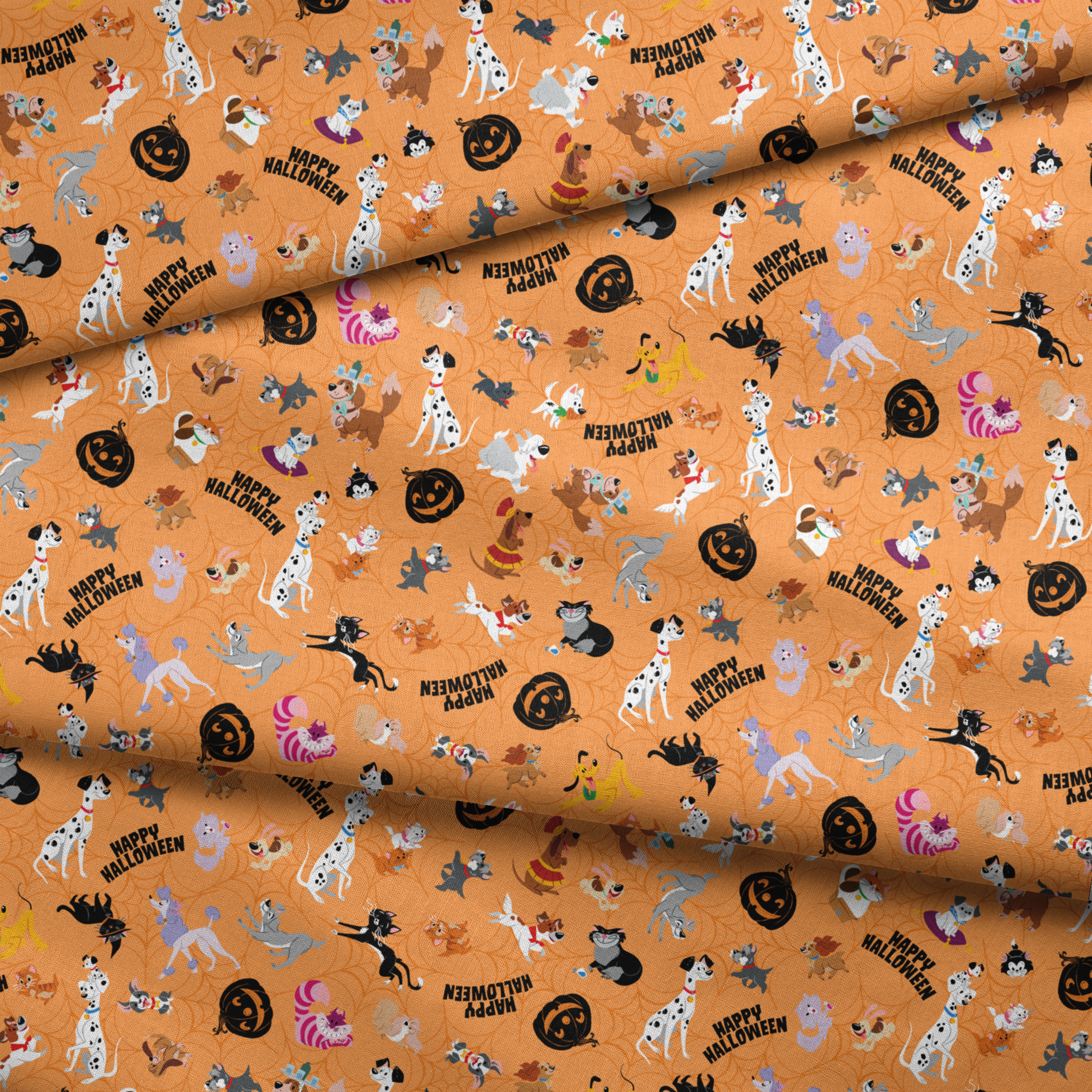 Cartoon dogs in Halloween pattern with pumpkins and "Happy Halloween" text on orange background fabric fold mockup